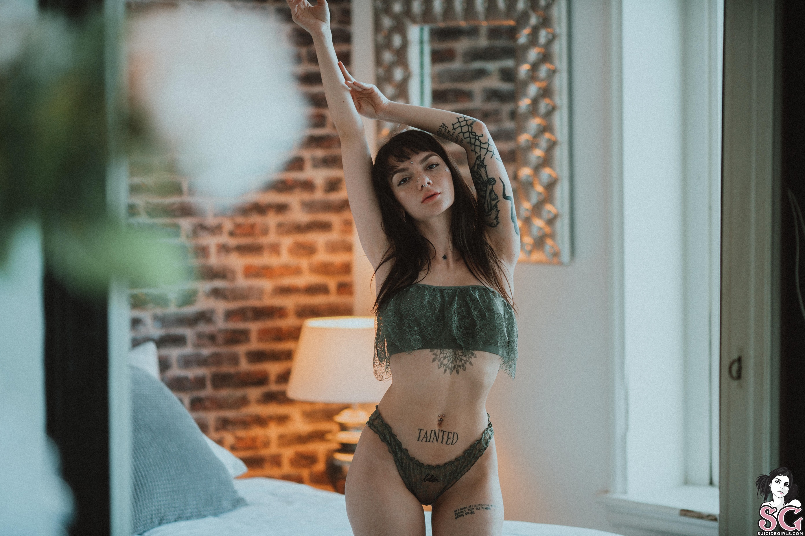 People 2783x1856 Zzef Suicide brunette Suicide Girls model women women indoors inked girls tattoo arms up the gap lingerie belly looking at viewer armpits pierced navel piercing