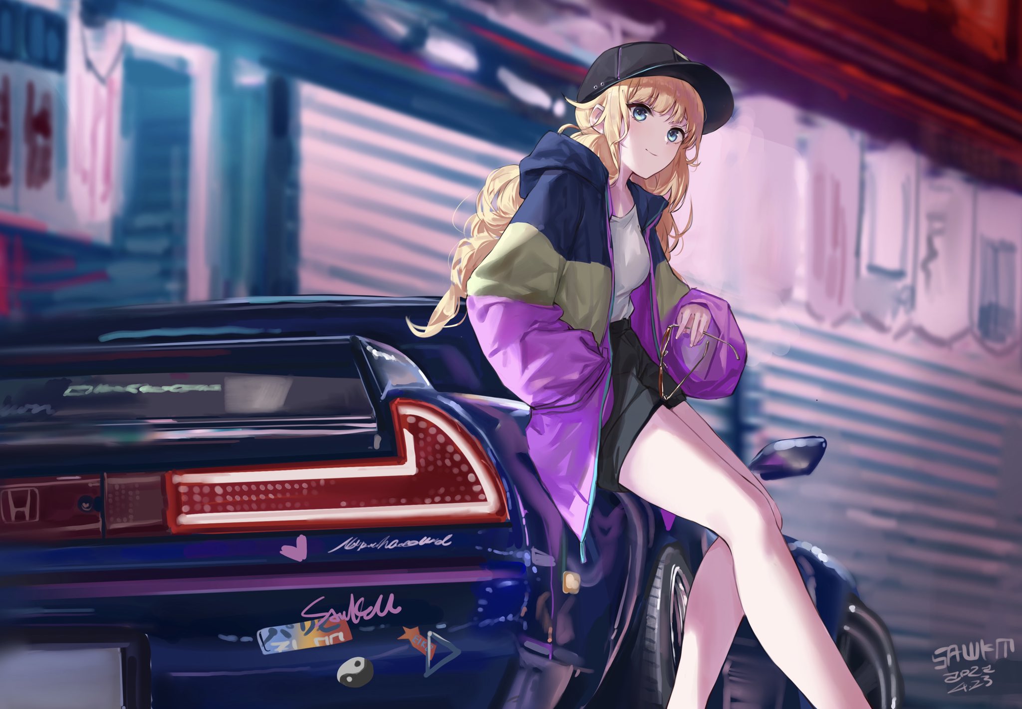 Anime 2048x1422 anime anime girls Paripi Koumei Tsukimi Eiko car blonde jacket open jacket long hair Honda NSX vehicle looking at viewer dated 2023 (year) closed mouth smiling taillights rear view blurred purse