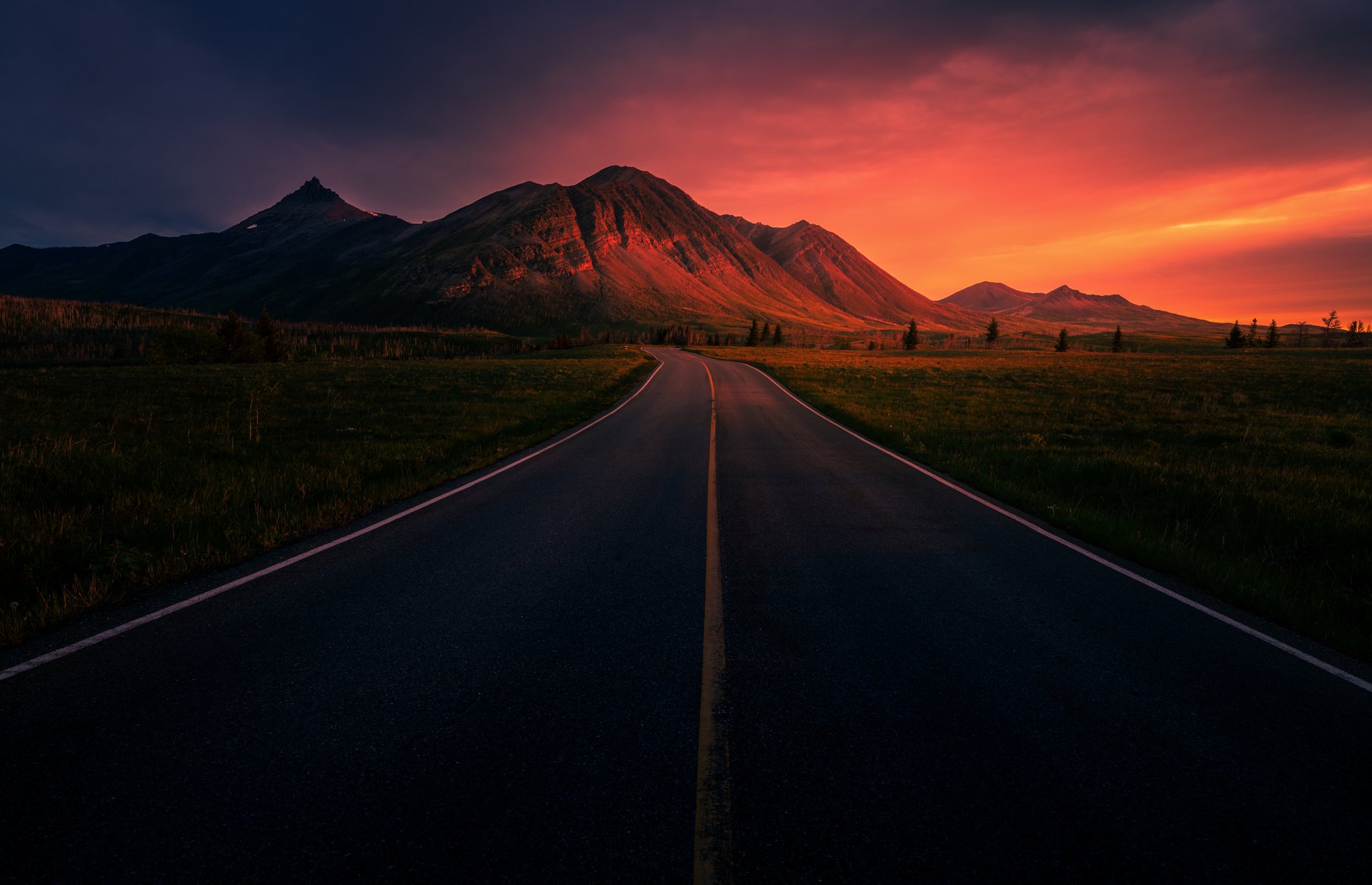 General 2048x1322 landscape nature road mountains sky clouds sunset sunrise trees grass