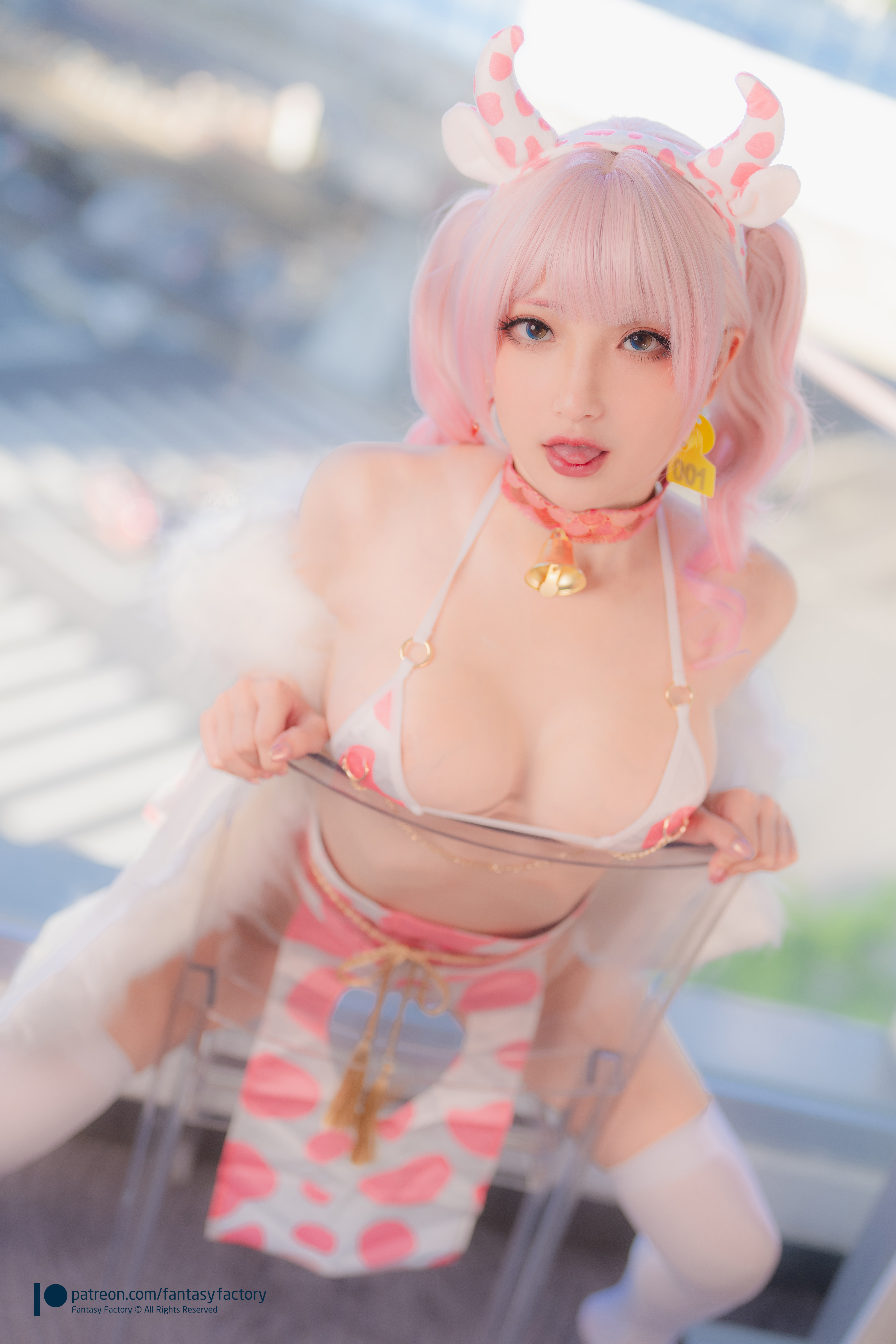 People 5705x8557 Fantasy Factory women model Asian cosplay pink hair twintails cow girl bikini cowkinis stockings tongue out women indoors looking at viewer white stockings