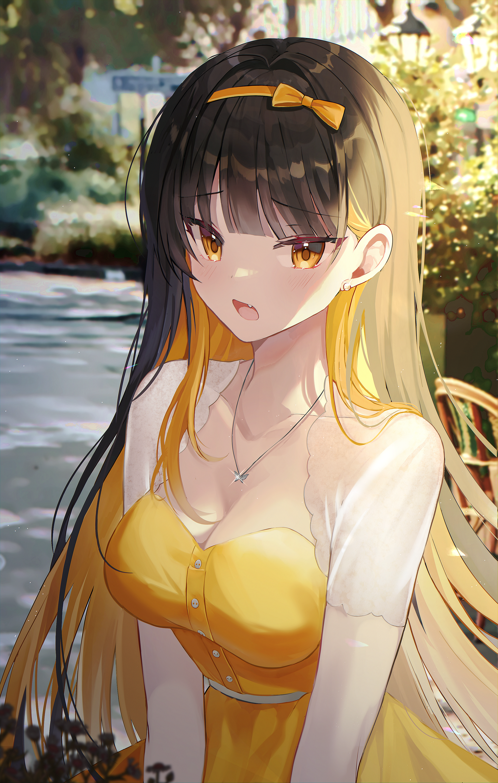 Anime 2000x3145 anime anime girls digital art artwork 2D portrait display portrait looking at viewer yellow eyes brunette yellow dress outdoors