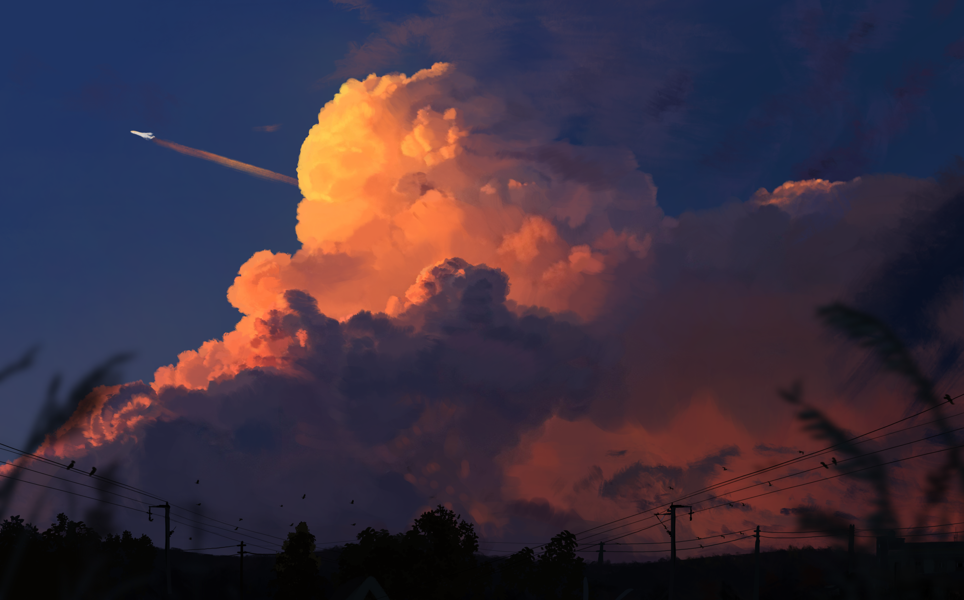 General 3064x1908 Yu jing illustration clouds sunset glow sunset aircraft sky utility pole outdoors dark power lines