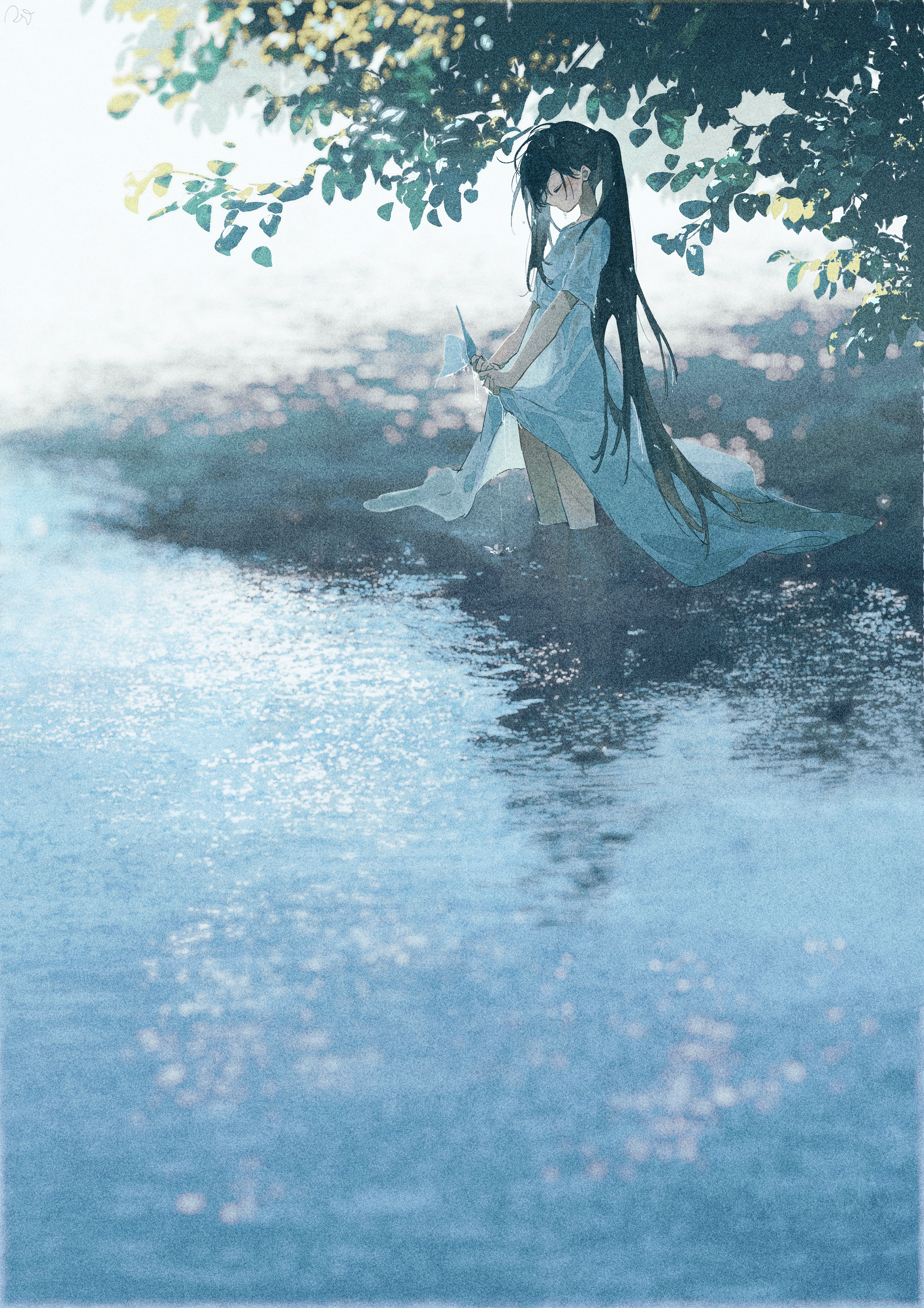 Anime 2894x4093 Potg anime girls illustration artwork vertical white dress long hair trees shade wet clothing wet hair water