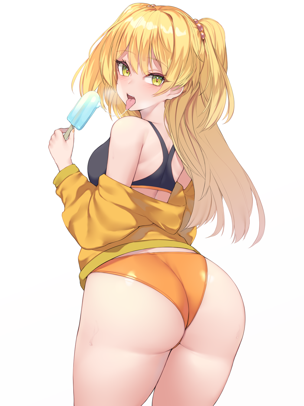 Anime 1005x1342 boobs sideboob ass thick ass thighs thick thigh blonde green eyes popsicle tongue out anime girls suggestive portrait display looking at viewer long hair looking back heart eyes blushing white background simple background saliva saliva trail