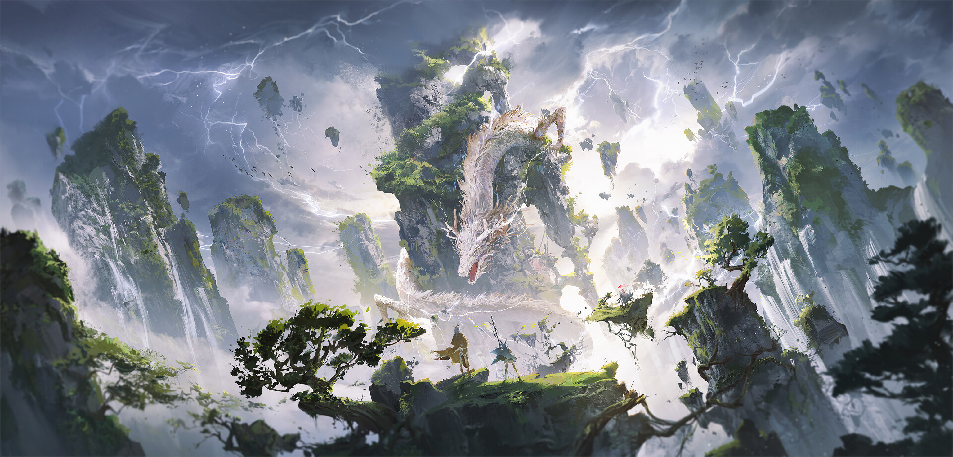General 3072x1476 Ying Yi illustration dragon mountains pine trees lightning digital art