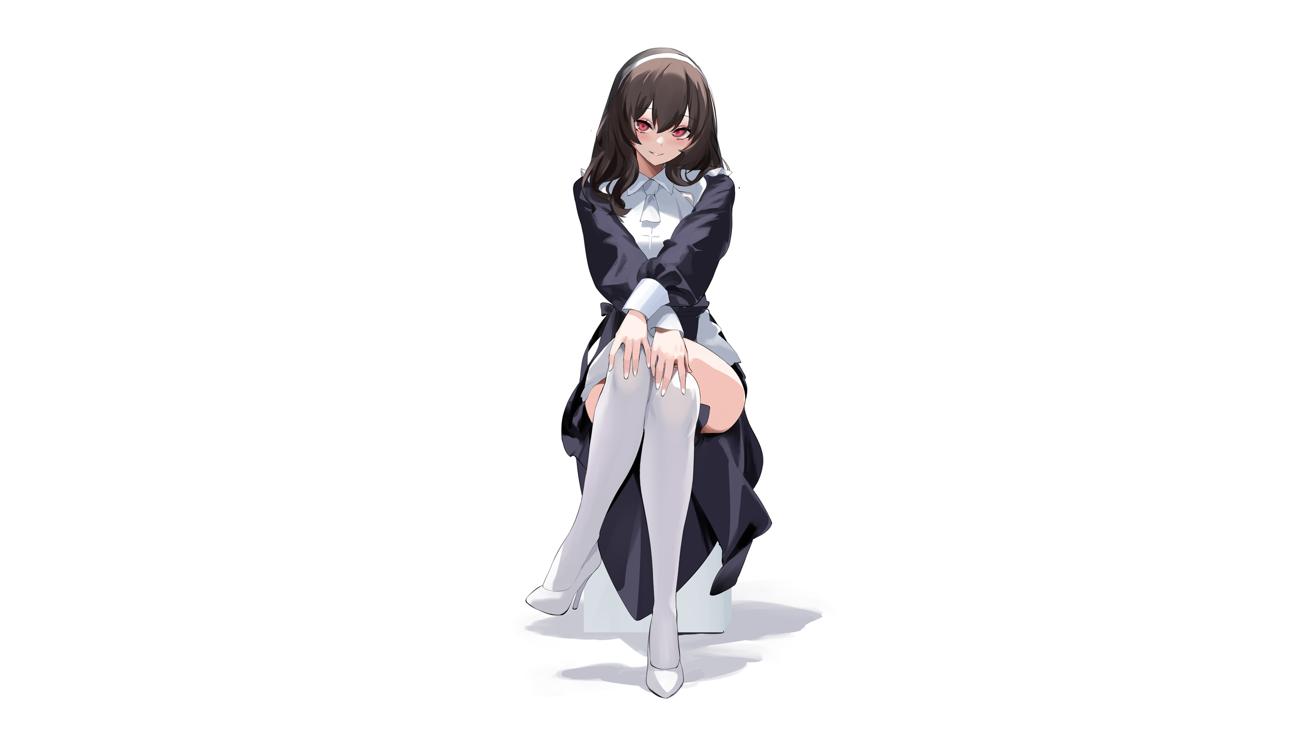 Anime 2560x1440 anime anime girls simple background sitting maid maid outfit thighs stockings white stockings white legwear Spider Apple white background frontal view