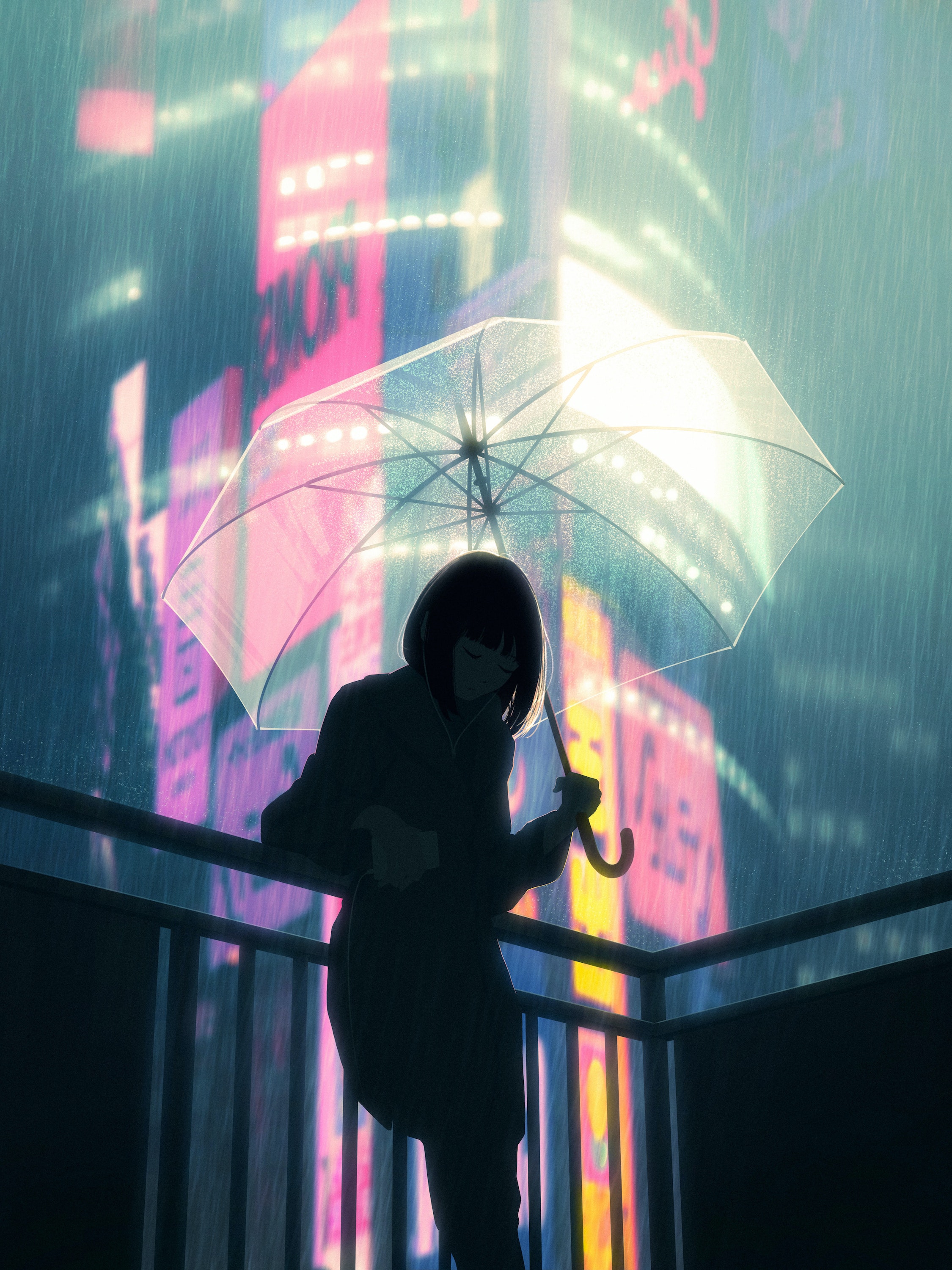 Anime 2250x3000 bysau digital art artwork illustration rain umbrella women city lights city night portrait display silhouette lights anime girls