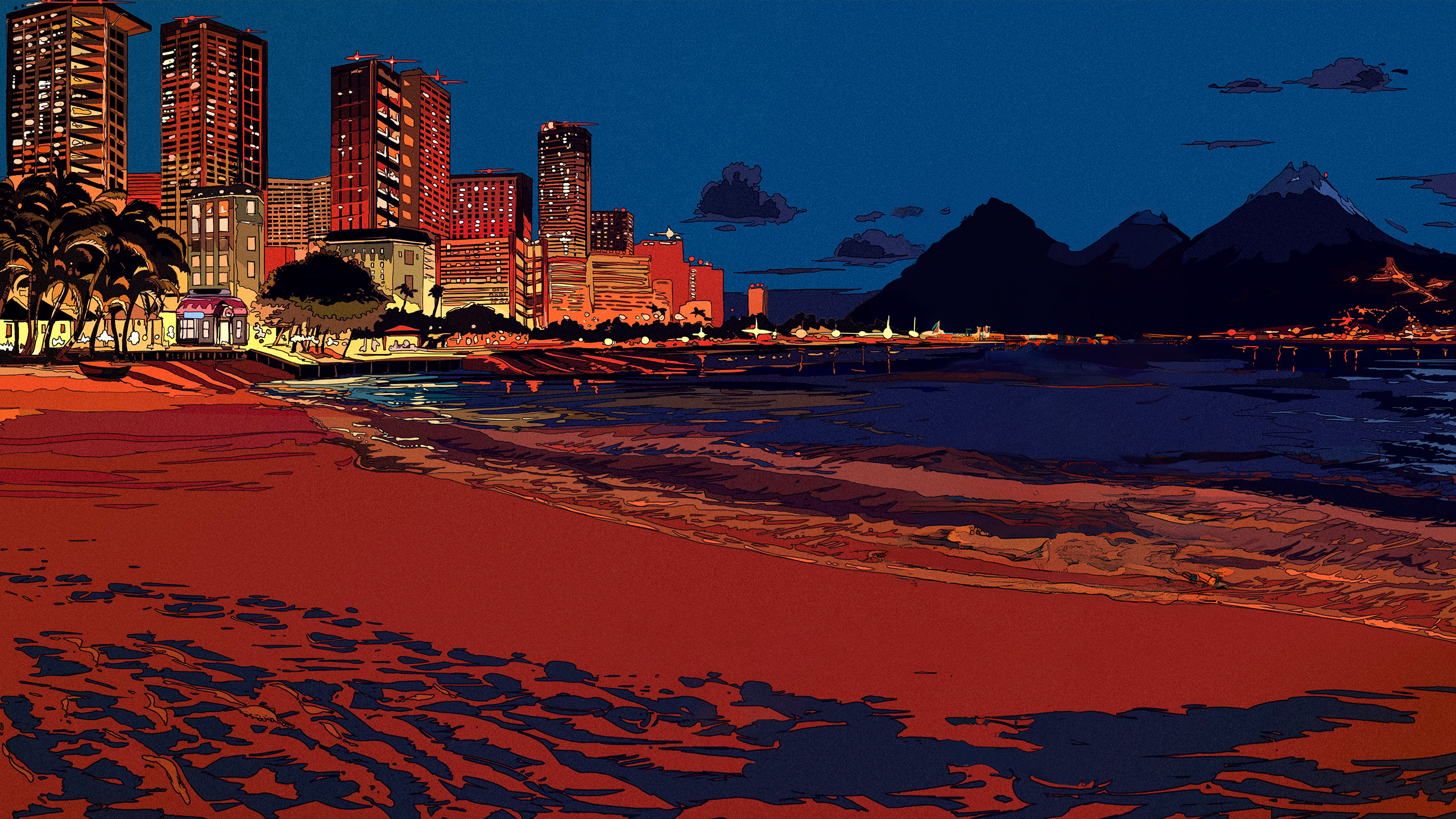 General 2560x1440 1980s Japanese Art graphic design line art vibrant colorful summer digital art water beach
