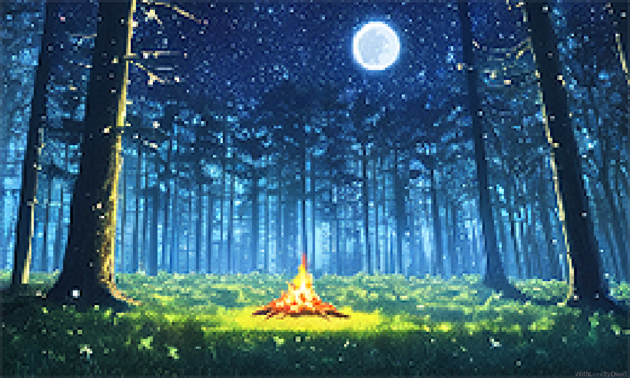General 2048x1229 forest night Moon trees pixel art fire watermarked digital art