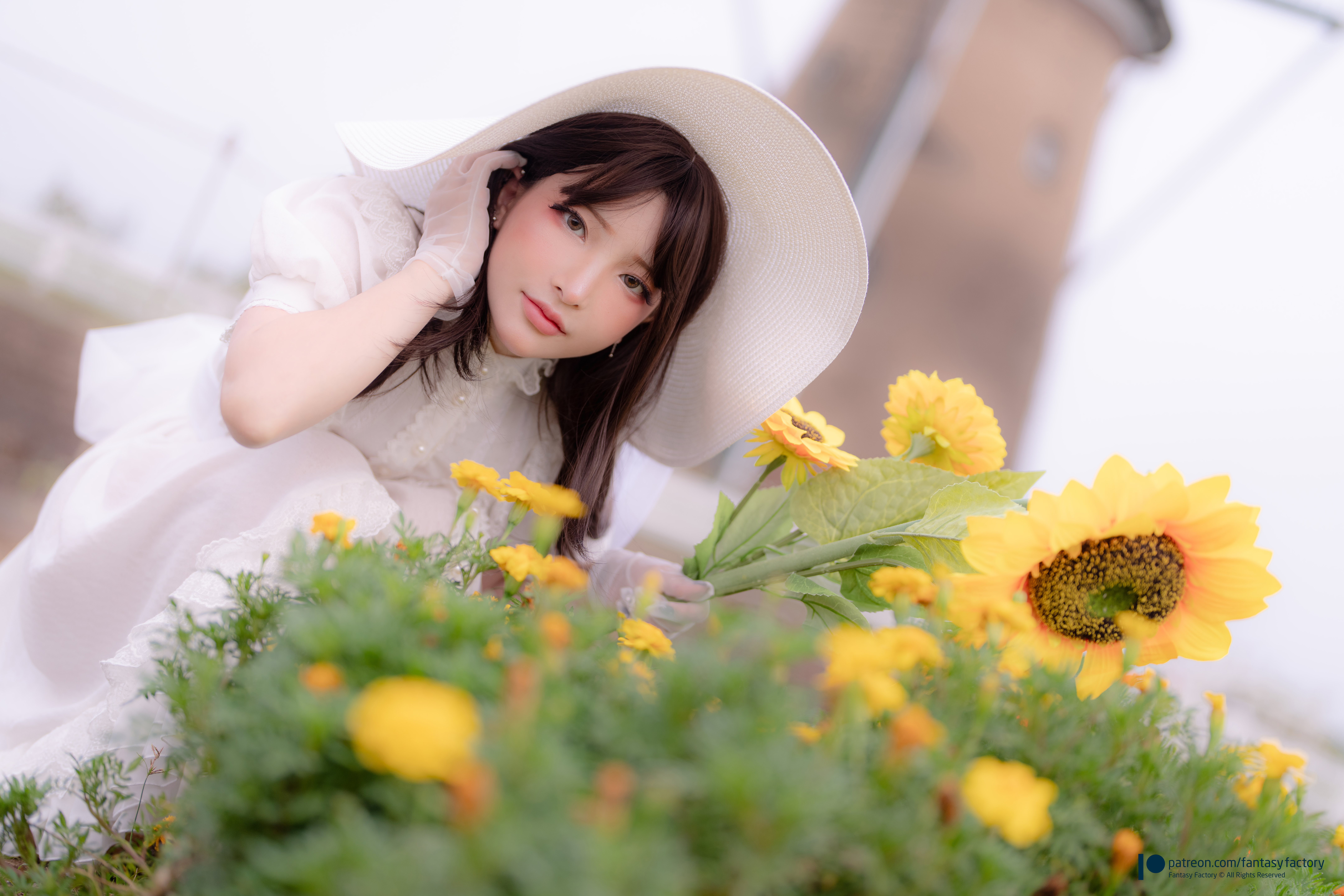 People 8640x5760 Fantasy Factory women model Asian women outdoors women with hats brunette dress white clothing sunflowers