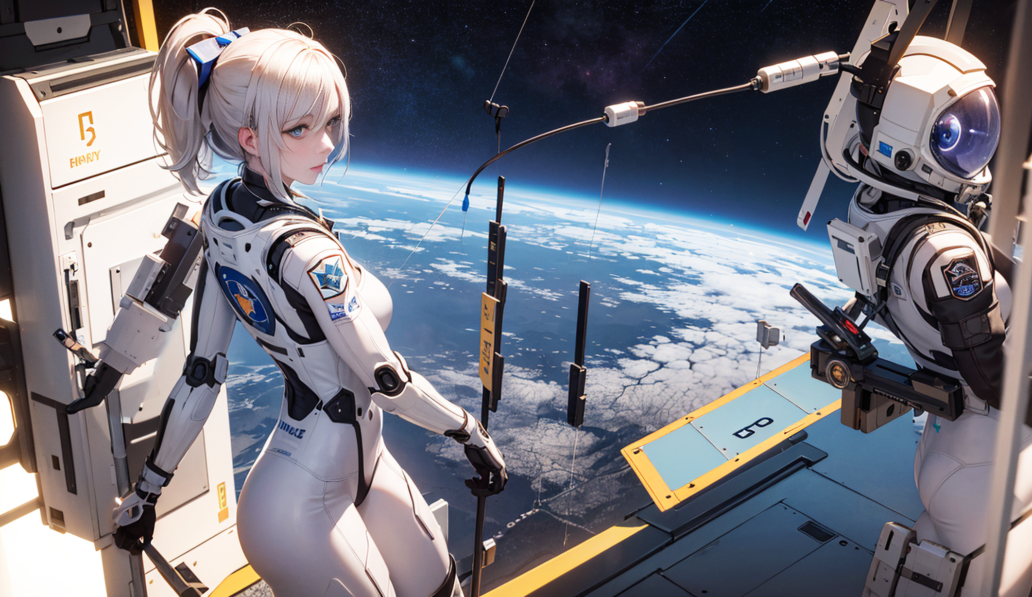 astronaut, ponytail, Earth, space station, anime girls, AI art, space,  bodysuit, planet | 2124x1228 Wallpaper 