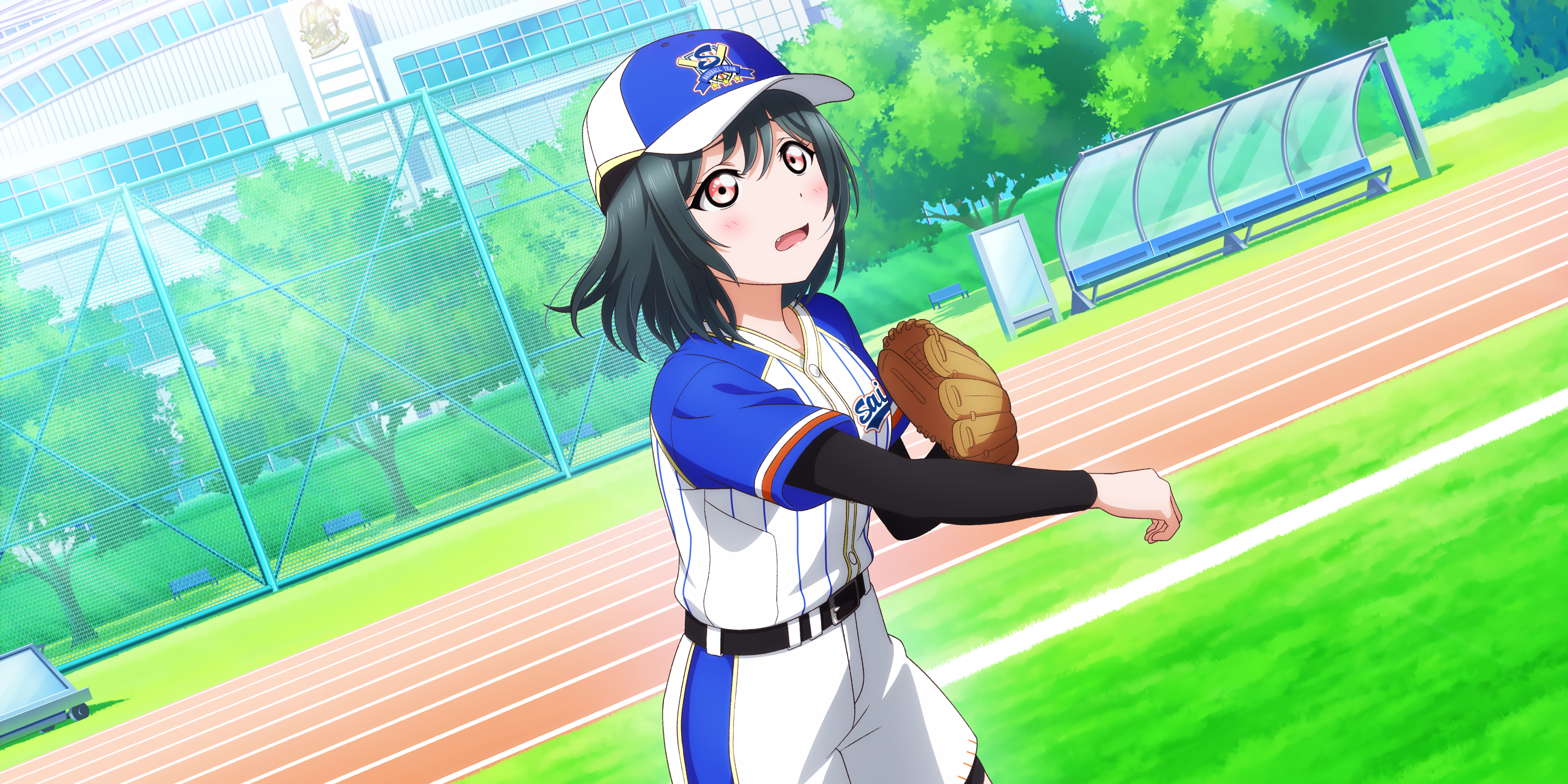 Anime 3600x1800 Mifune Shioriko Love Live! Love Live! Nijigasaki High School Idol Club anime anime girls hat baseball glove baseball cap baseball shirt stadium looking up short hair