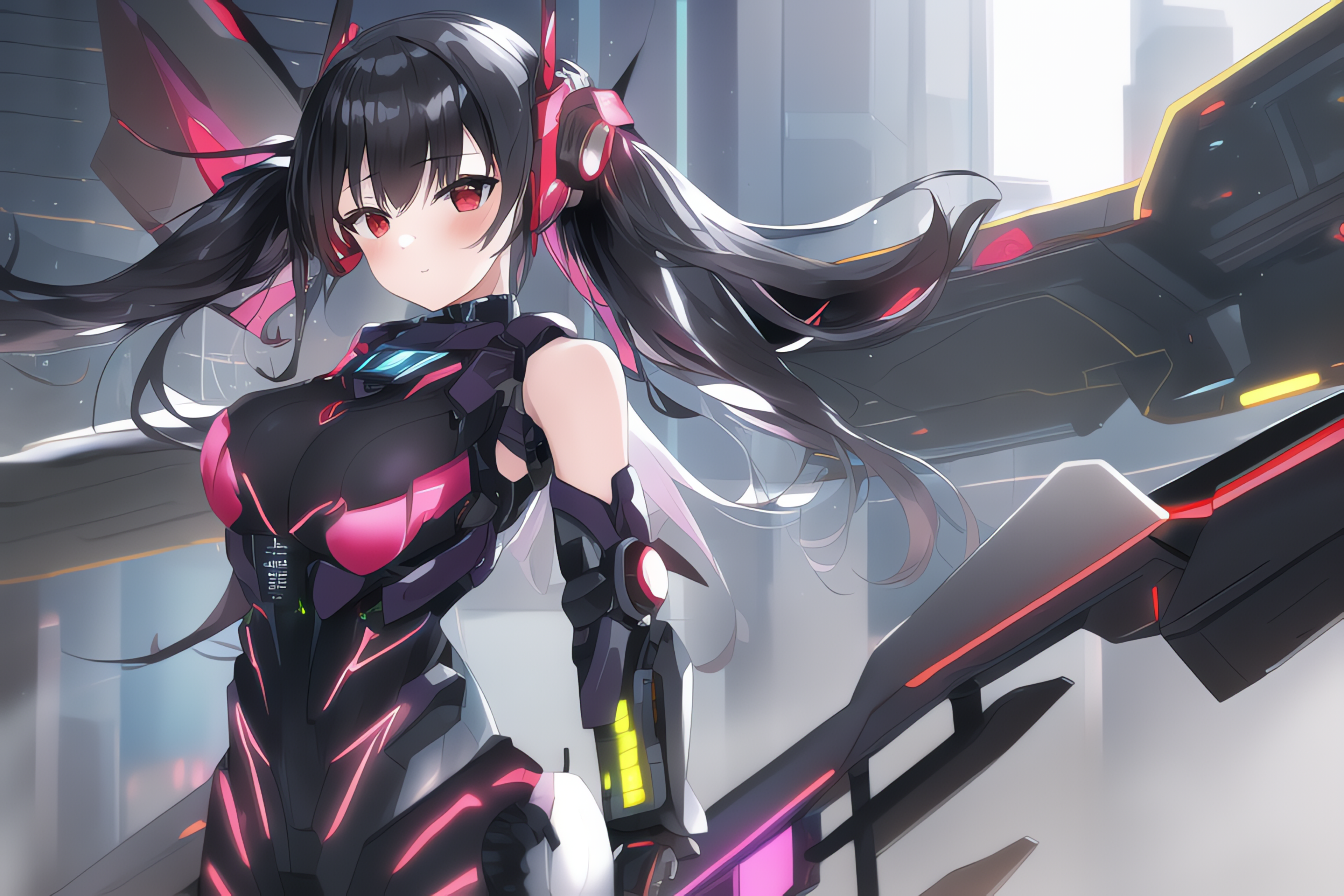 Anime 3840x2560 AI art anime girls mech suits big boobs looking at viewer twintails smiling blushing