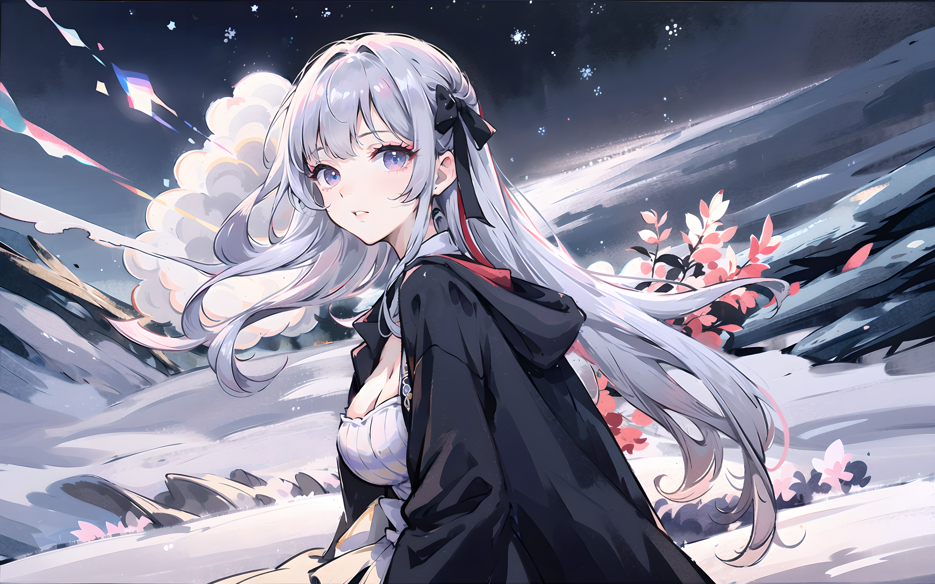 Anime 3840x2400 AI art looking at viewer silver hair anime girls long hair snow petals purple eyes cleavage mountains