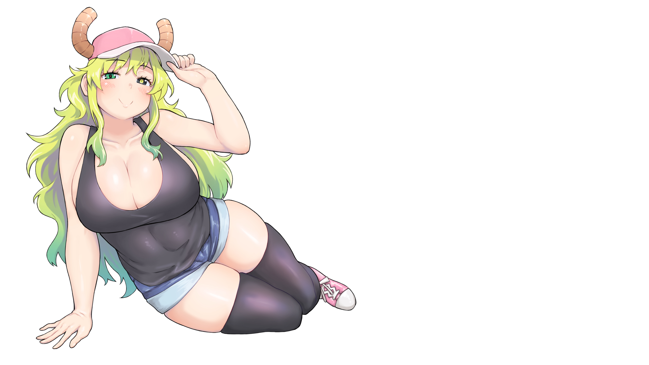 Anime 2560x1440 anime anime girls simple background white background minimalism Kobayashi-san Chi no Maid Dragon Lucoa (Kobayashi-san Chi no Maid Dragon) big boobs boobs huge breasts cleavage short shorts jean shorts thighs thigh-highs stockings black stockings black legwear skindentation dragon girl dragon horns thick thigh Hori Shin hat horns gradient hair smiling heterochromia blushing looking at viewer