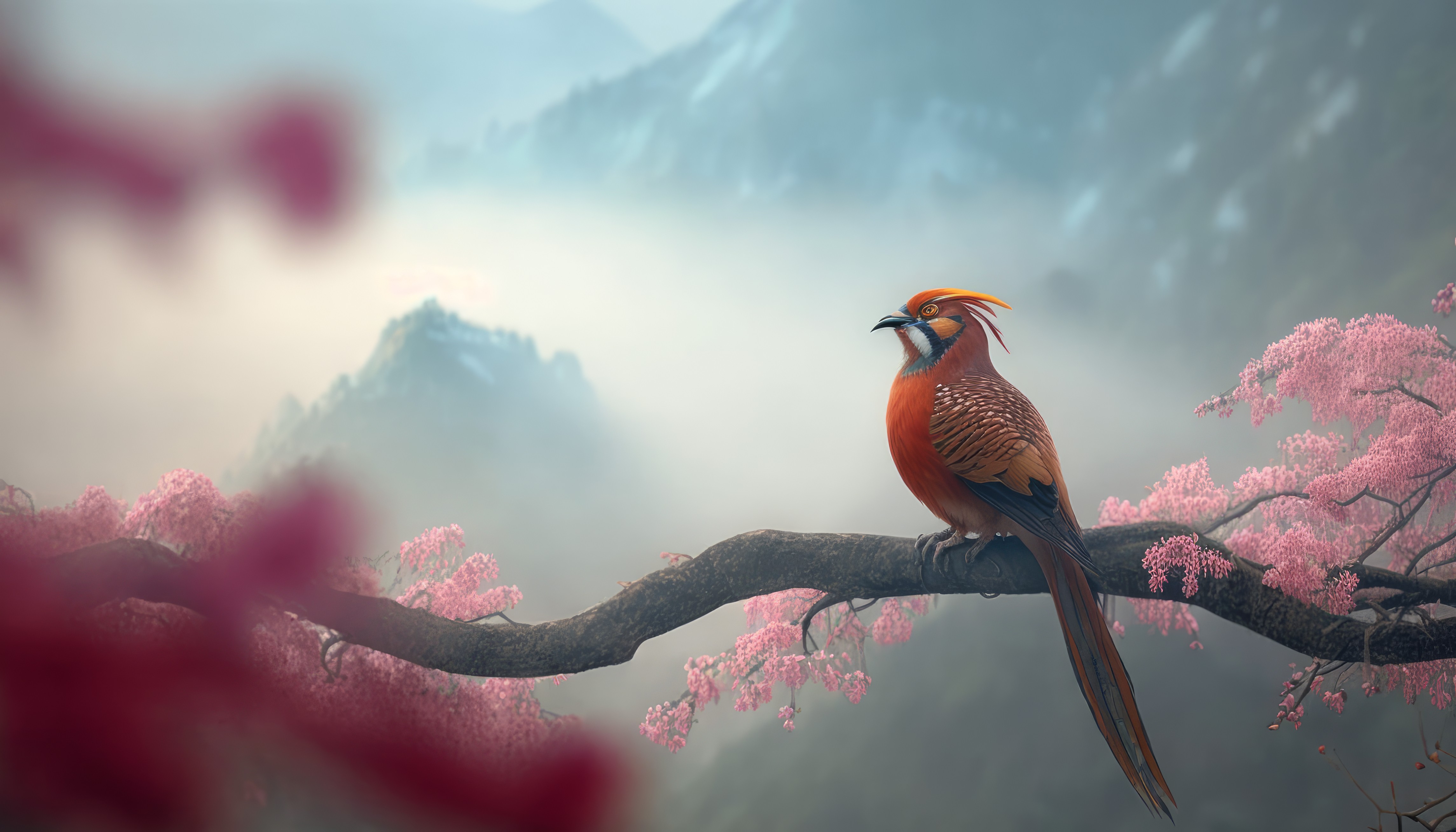 AI art, birds, illustration, animals, branch, nature, flowers | 4579x2616  Wallpaper 