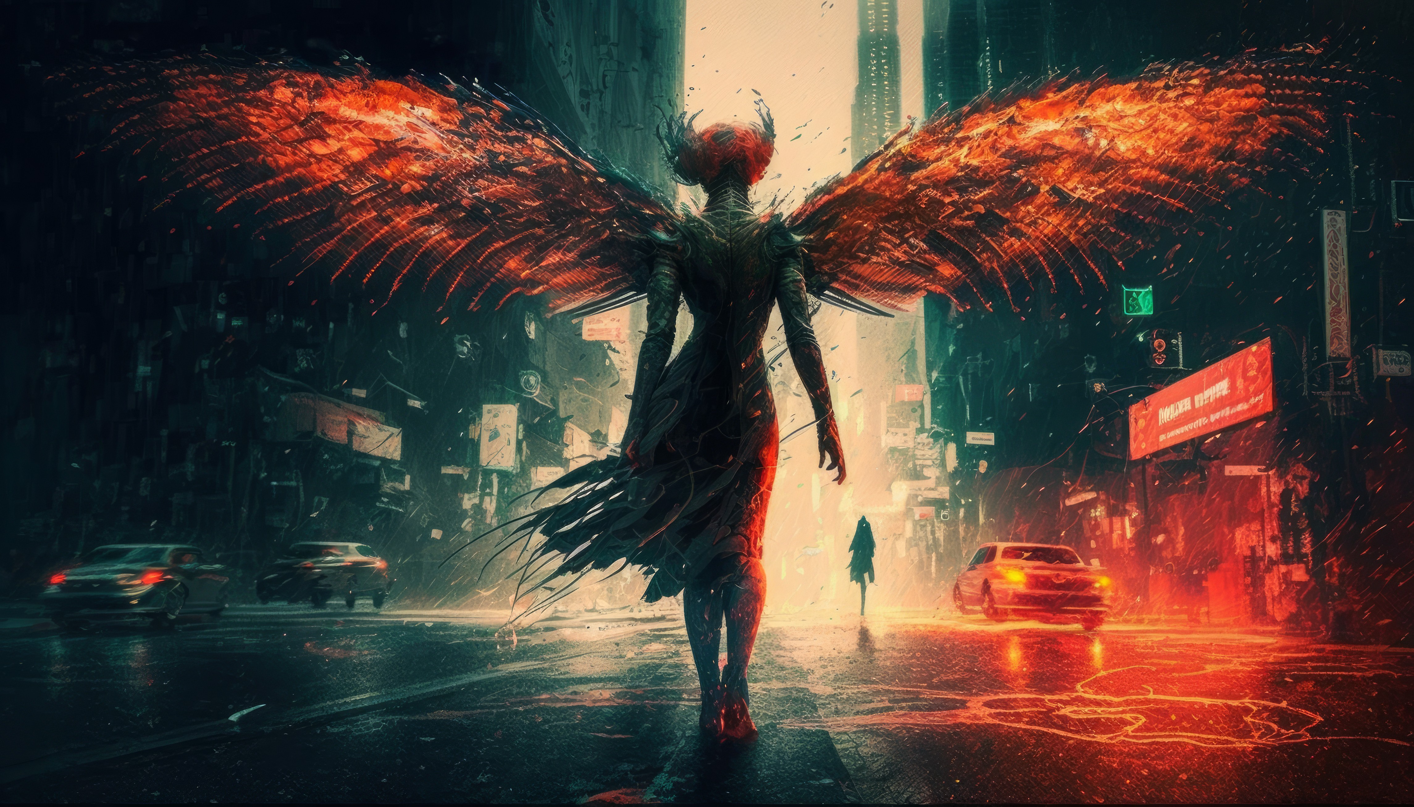 General 4579x2616 AI art illustration angel demon wings street city fire headlights