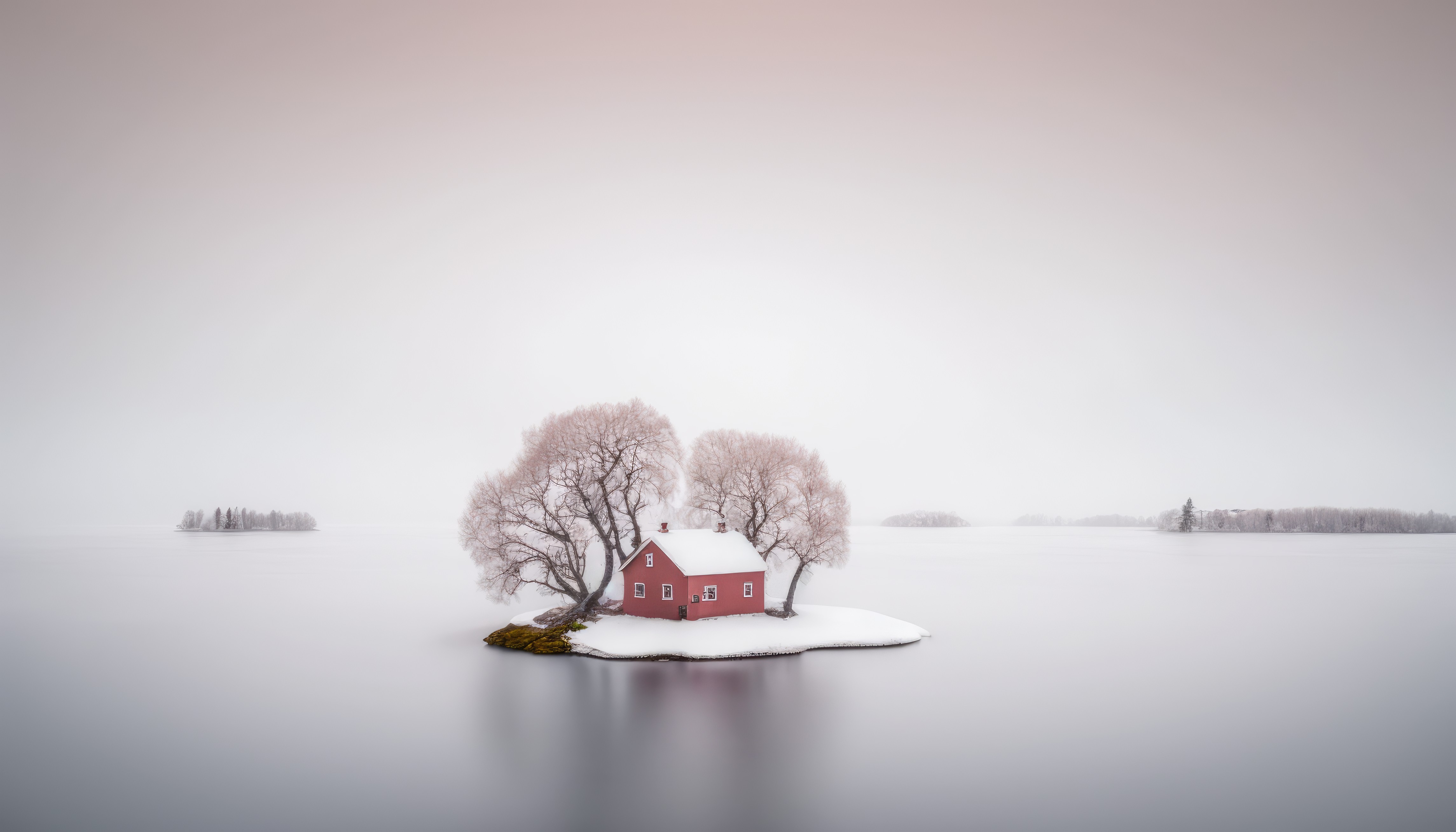 General 4579x2616 AI art cottage island Sweden lake white simple background minimalism snow trees house water