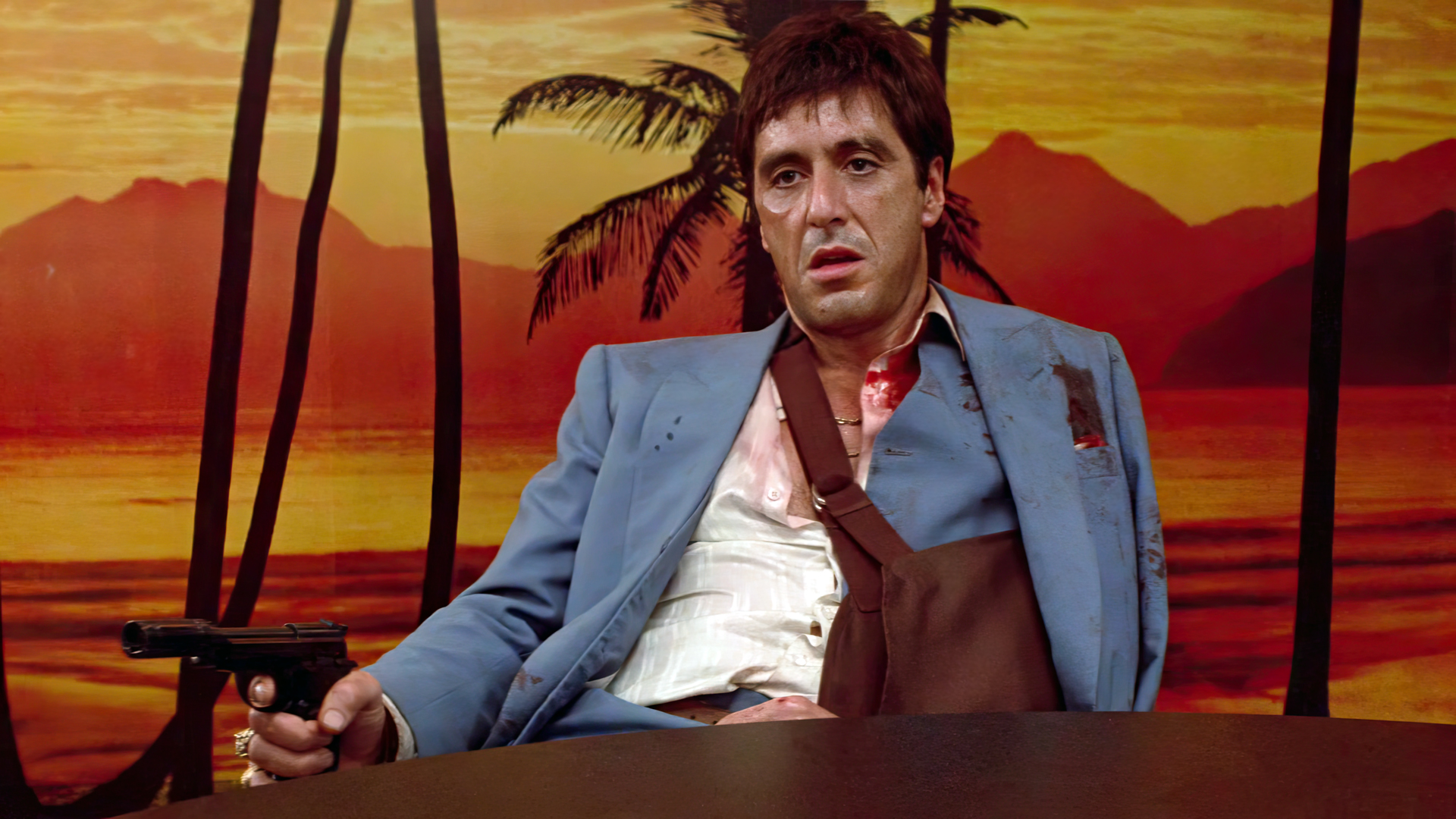 People 1920x1080 Scarface Tony Montana Al Pacino movies film stills pistol palm trees arm sling Miami men actor 1980s
