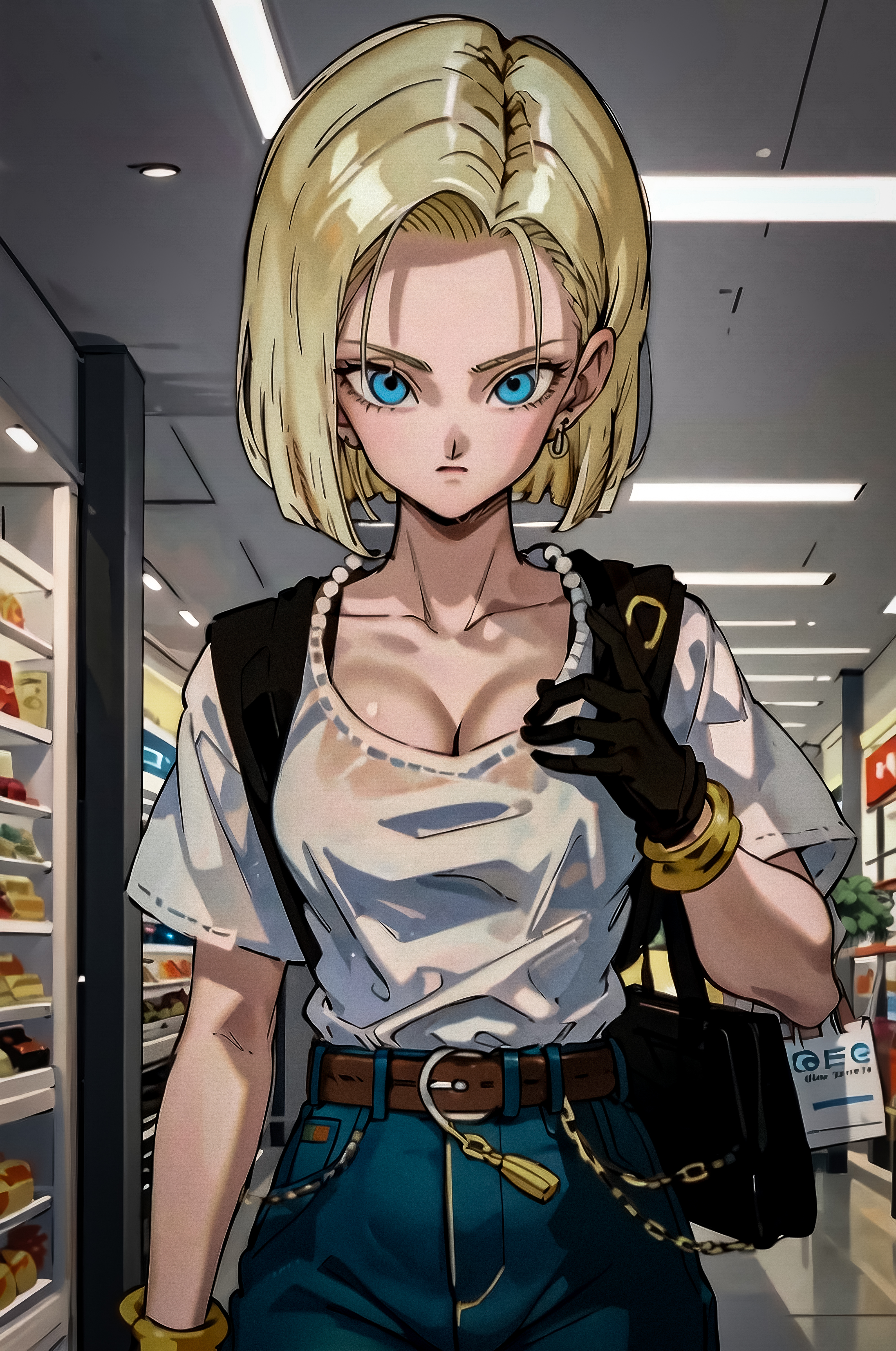Anime 3184x4800 Dragon Ball Android 18 HDR Color Burst market Dragon Ball Z AI art portrait display looking at viewer gloves short hair blonde blue eyes cleavage purse anime girls