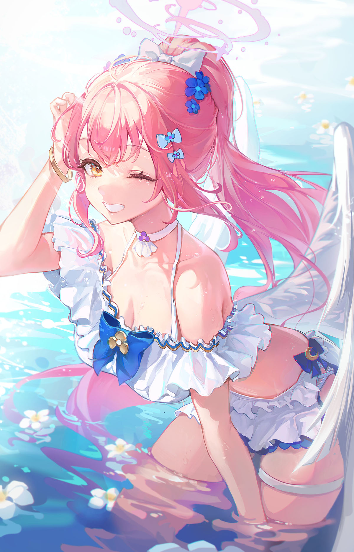 Anime 1200x1872 Pixiv anime anime girls long hair Misono Mika Blue Archive pink hair yellow eyes one eye closed bikini standing standing in water looking at viewer wings smiling choker cleavage flowers ponytail hair bows wet wet body flower in hair bracelets