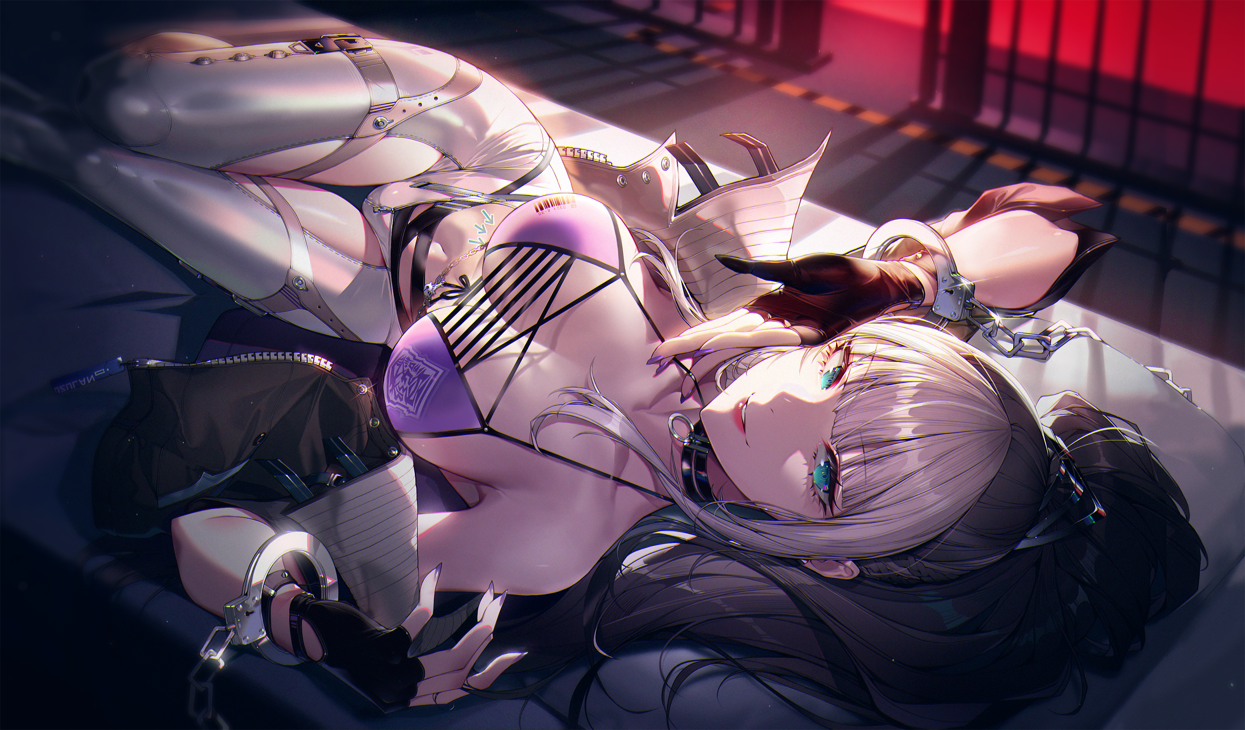 Anime 2476x1452 anime anime girls lying down lying on back gloves fingerless gloves long hair looking at viewer cleavage big boobs bikini top handcuffs chains choker smiling bed pillow jacket MBCC Pixiv Bai yi (Path to Nowhere) Path to Nowhere blue eyes