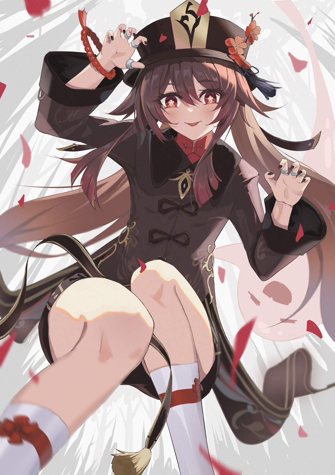 Anime 1093x1548 Hu Tao (Genshin Impact) Genshin Impact anime anime girls digital art fan art artwork brunette long hair hat chinese clothing ghost tongue out smiling white background looking at viewer rings portrait display twintails petals