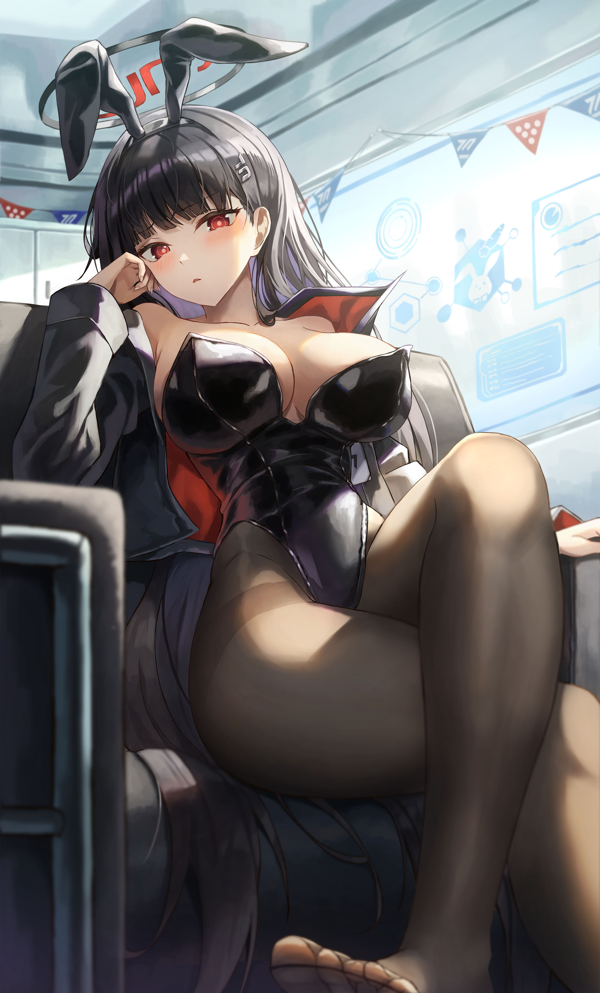 Anime 2000x3311 legs crossed anime girls bunny suit bunny girl animal ears bunny ears huge breasts cleavage leotard black leotard open jacket black hair arm support sitting hair clip blushing slime nyang flag parted lips indoors hair ornament long hair looking at viewer thighs Tsukatsuki Rio Blue Archive