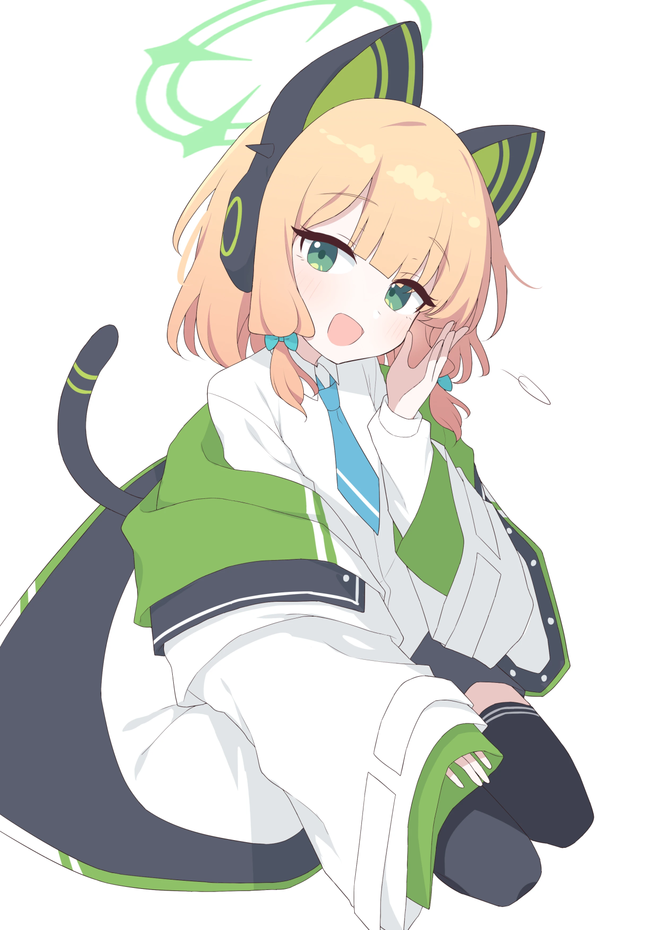 Anime 1280x1810 anime girls Blue Archive Saiba Midori cat girl cat ears cat tail minimalism simple background white background short hair blonde green eyes open mouth looking at viewer portrait display loli