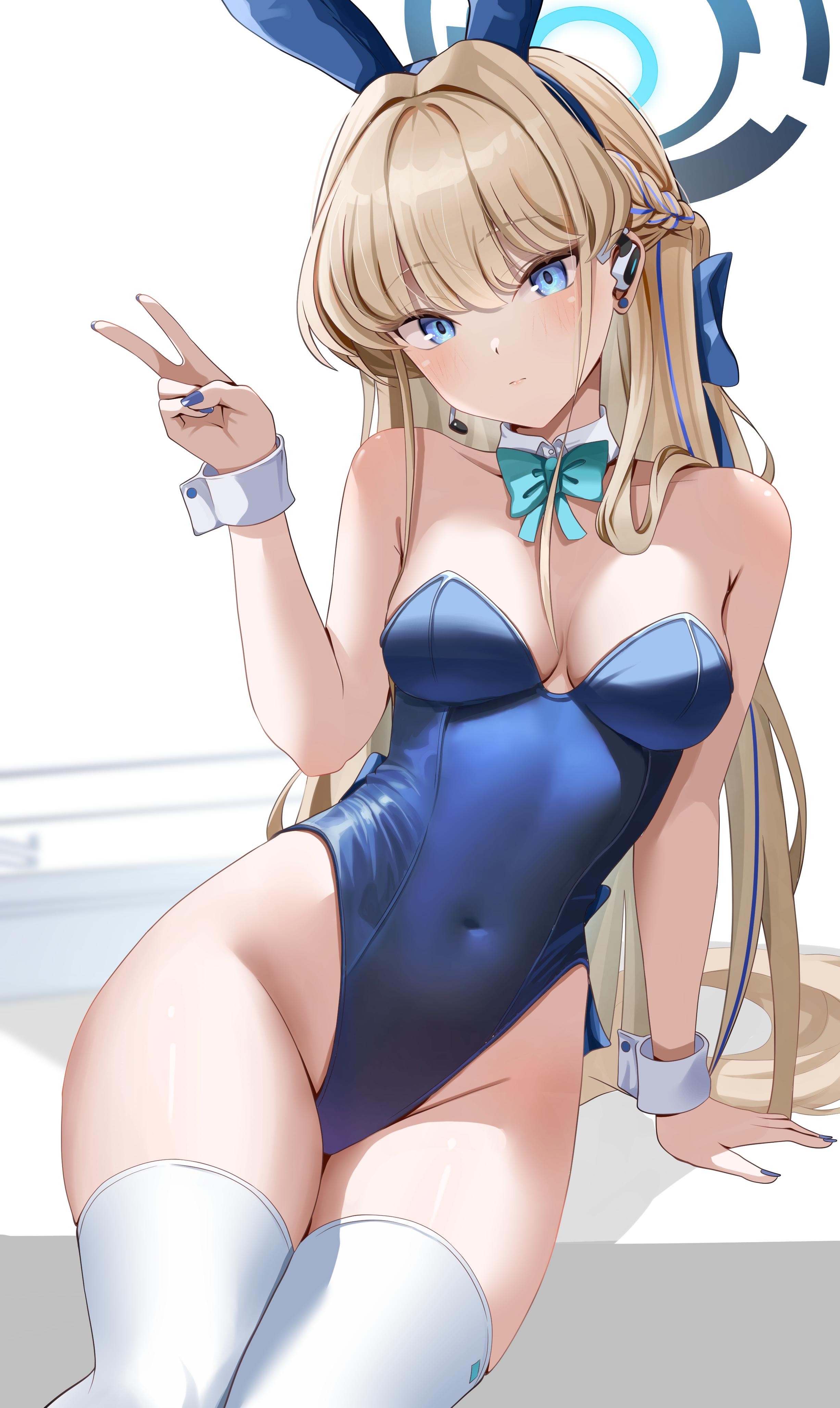 Anime 2453x4108 Asuma Toki (Blue Archive) Blue Archive anime girls portrait display bunny suit bunny girl bunny ears stockings bow tie cleavage big boobs blonde blue eyes simple background long hair minimalism white background thighs looking at viewer blushing peace sign earphones blue leotard sitting