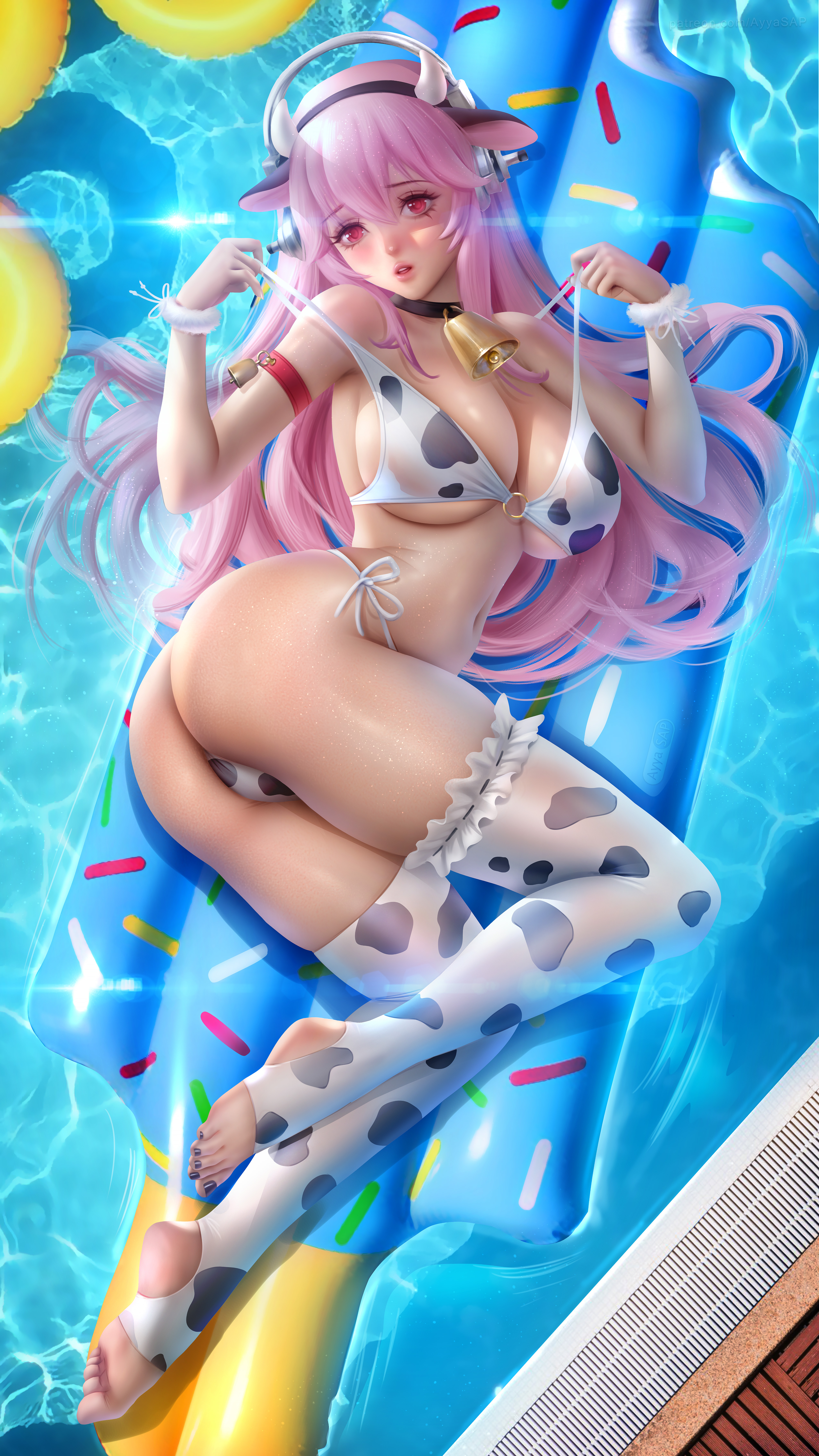 Anime 4000x7111 Super Sonico anime anime girls swimwear bikini cowkinis swimming pool cow girl artwork drawing Ayya Saparniyazova fan art portrait display lying down lying on side looking at viewer long hair pink hair pink eyes cow stockings feet water floater collar bells headphones big boobs pulling clothing ass the gap thick ass belly belly button