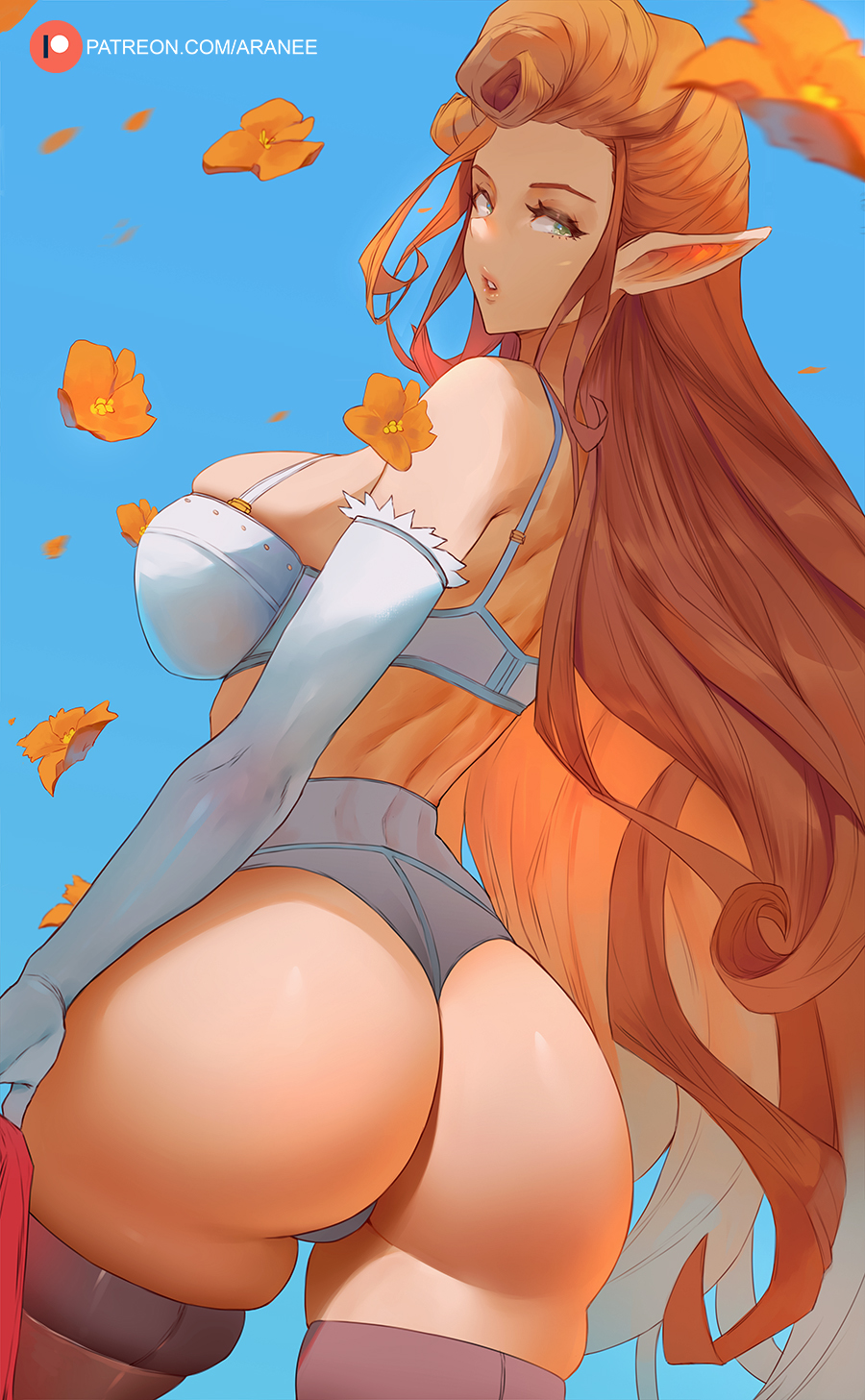 Anime 900x1457 Araneesama underwear portrait display anime girls redhead looking at viewer long hair pointy ears blue underwear gloves blue panties parted lips blue bra huge breasts sideboob thick ass thigh-highs flowers petals elbow gloves blue gloves thick thigh rear view skindentation simple background thighs minimalism watermarked blue background ass panties bra