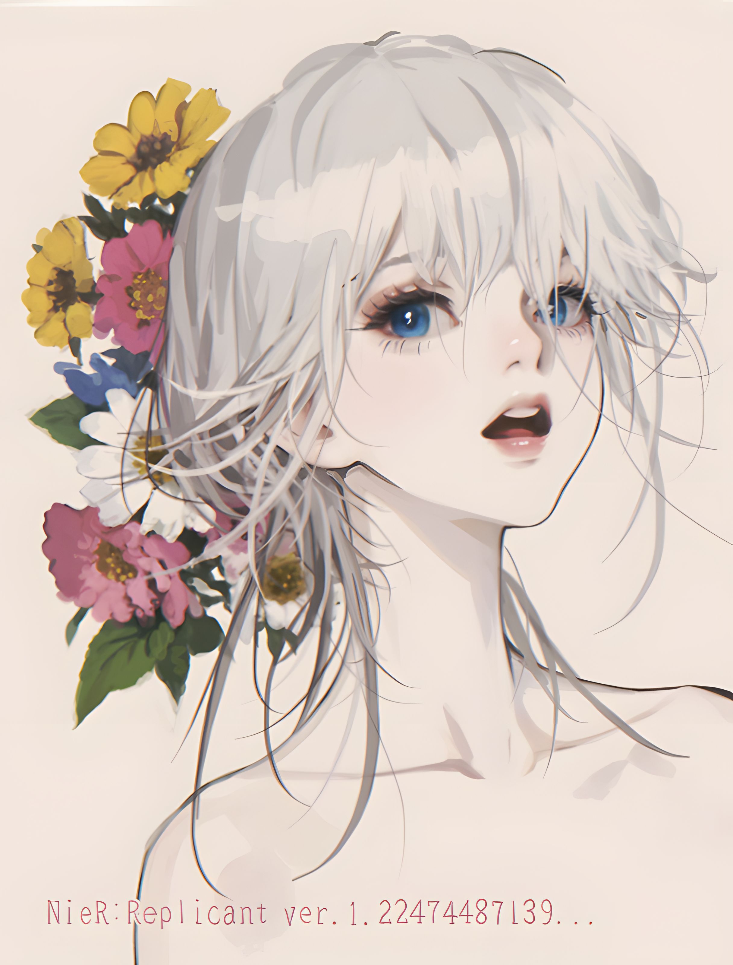 Anime 2432x3200 dkground portrait display open mouth anime girls white hair blue eyes flowers looking at viewer simple background leaves minimalism NieR Replicant