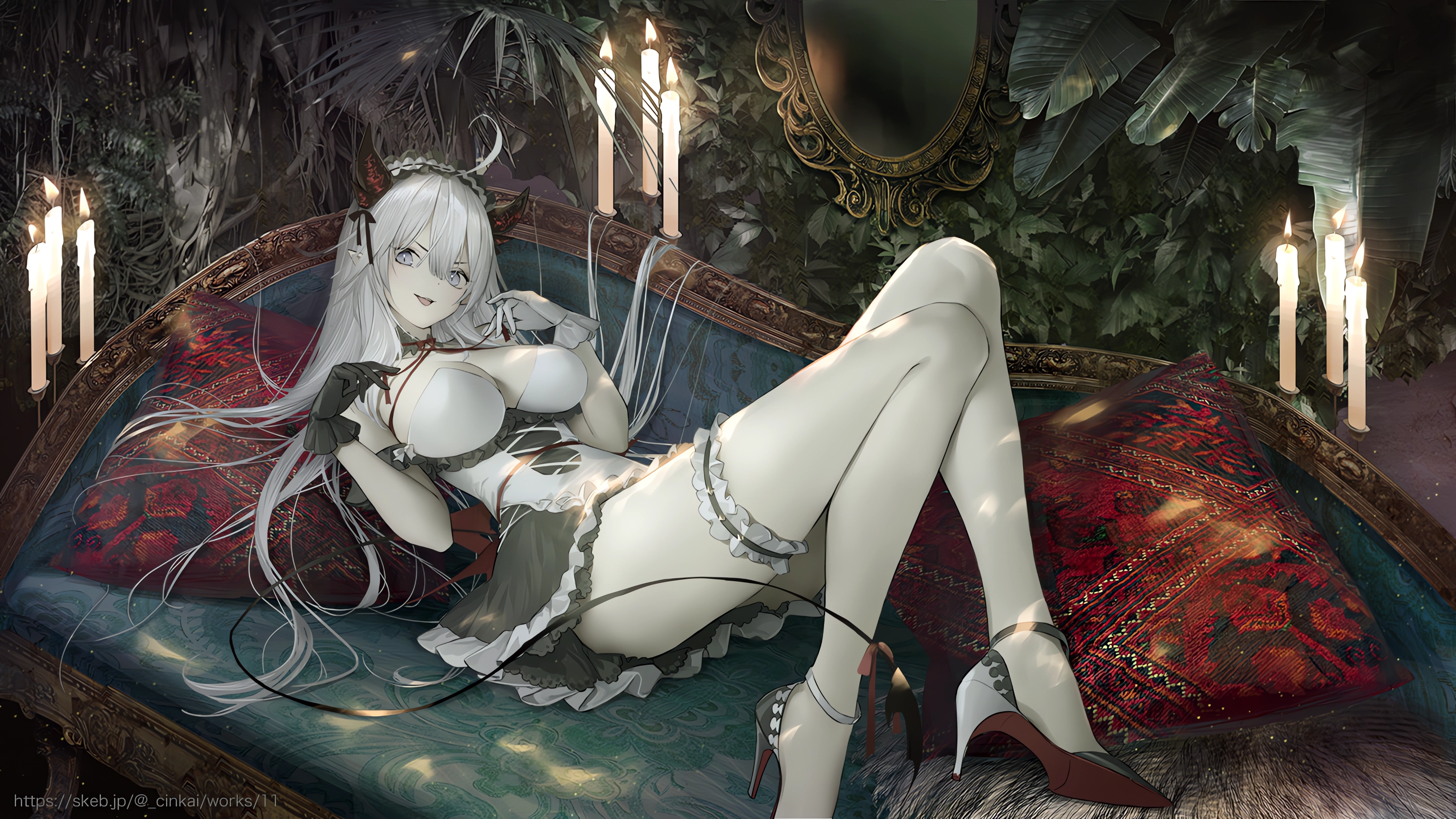 Anime 3000x1688 anime anime girls lying down lying on back long hair big boobs stockings smiling maid maid outfit heels looking at viewer couch pillow horns white hair gray eyes pointy ears candles thighs watermarked demon girls demon horns tail leaves mirror gloves Veibae