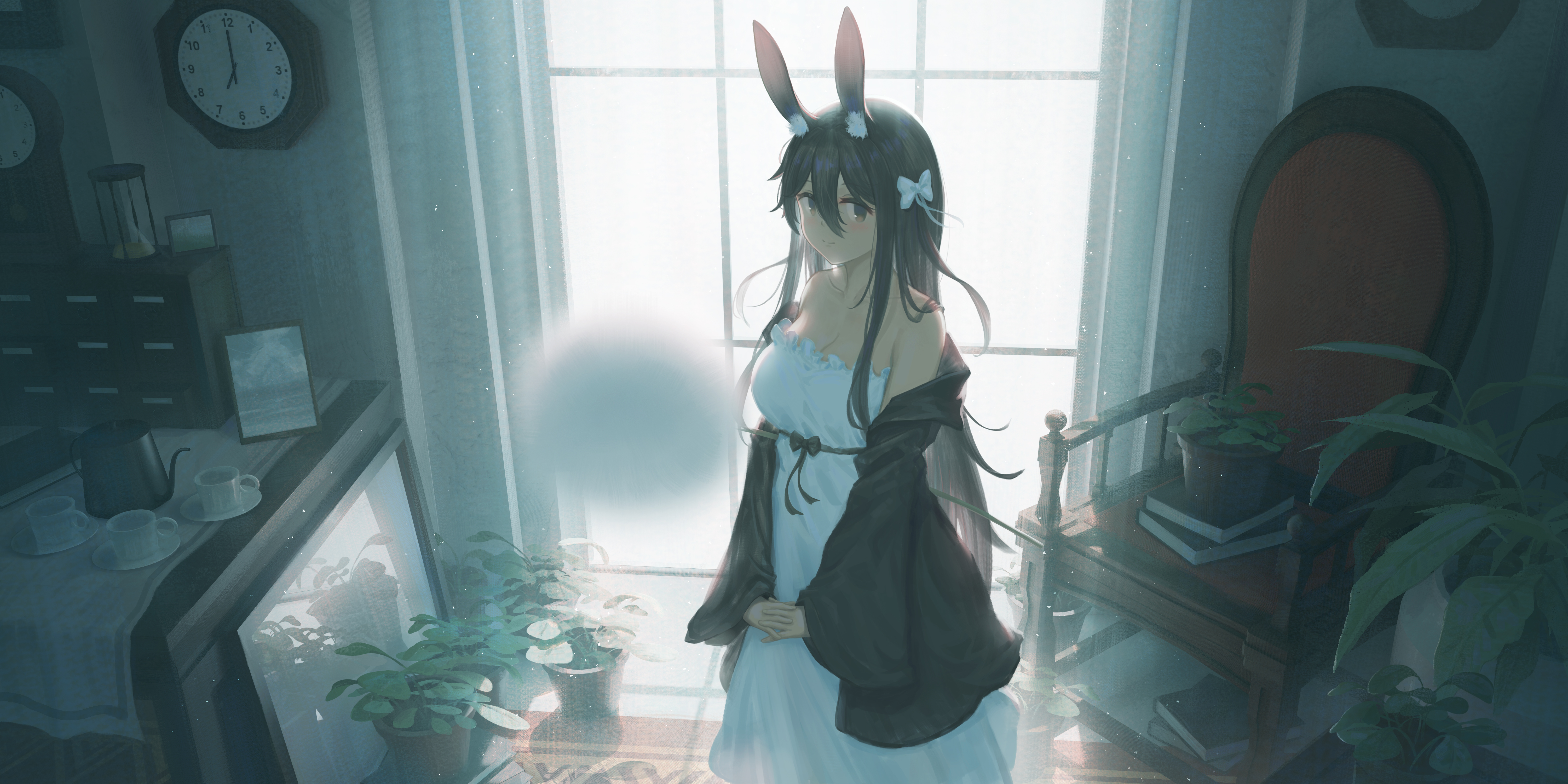 Anime 6000x3000 anime girls artwork bunny girl dress room standing bunny ears chair leaves looking at viewer window hair bows Amiya (Arknights) Arknights smiling