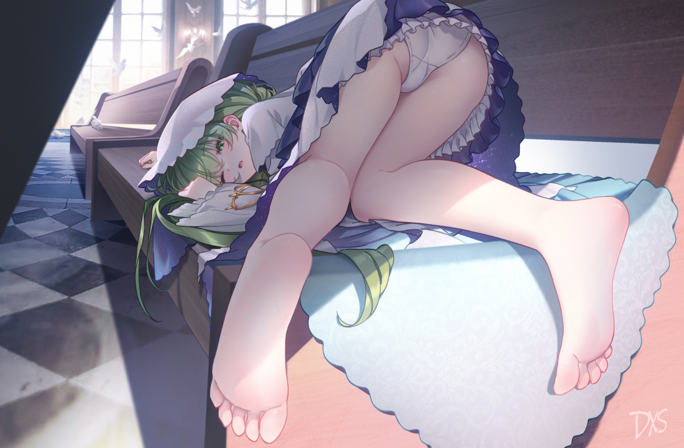 Anime 1400x917 anime anime girls lying down lying on front bent over panties ass one eye closed foot sole looking at viewer long hair green hair blue eyes sunlight checkered window upskirt shiro seijo cecilia looking back daxieshen huashi feet open mouth signature