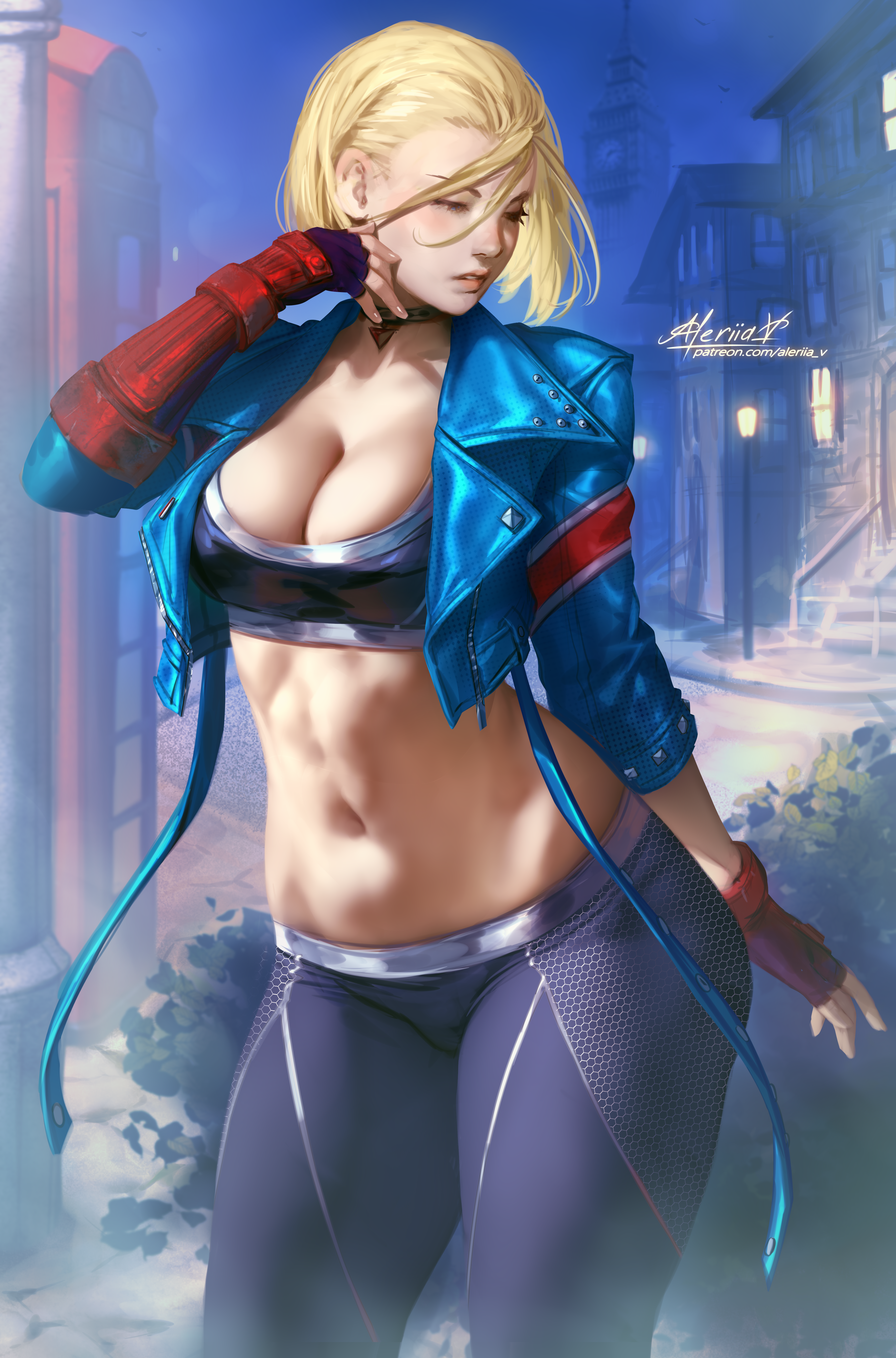 General 3672x5564 Cammy White Street Fighter Street Fighter VI video games video game girls fighting games artwork drawing fan art Lera Pi portrait display gloves fingerless gloves blonde standing signature watermarked cleavage big boobs jacket short hair clock tower building