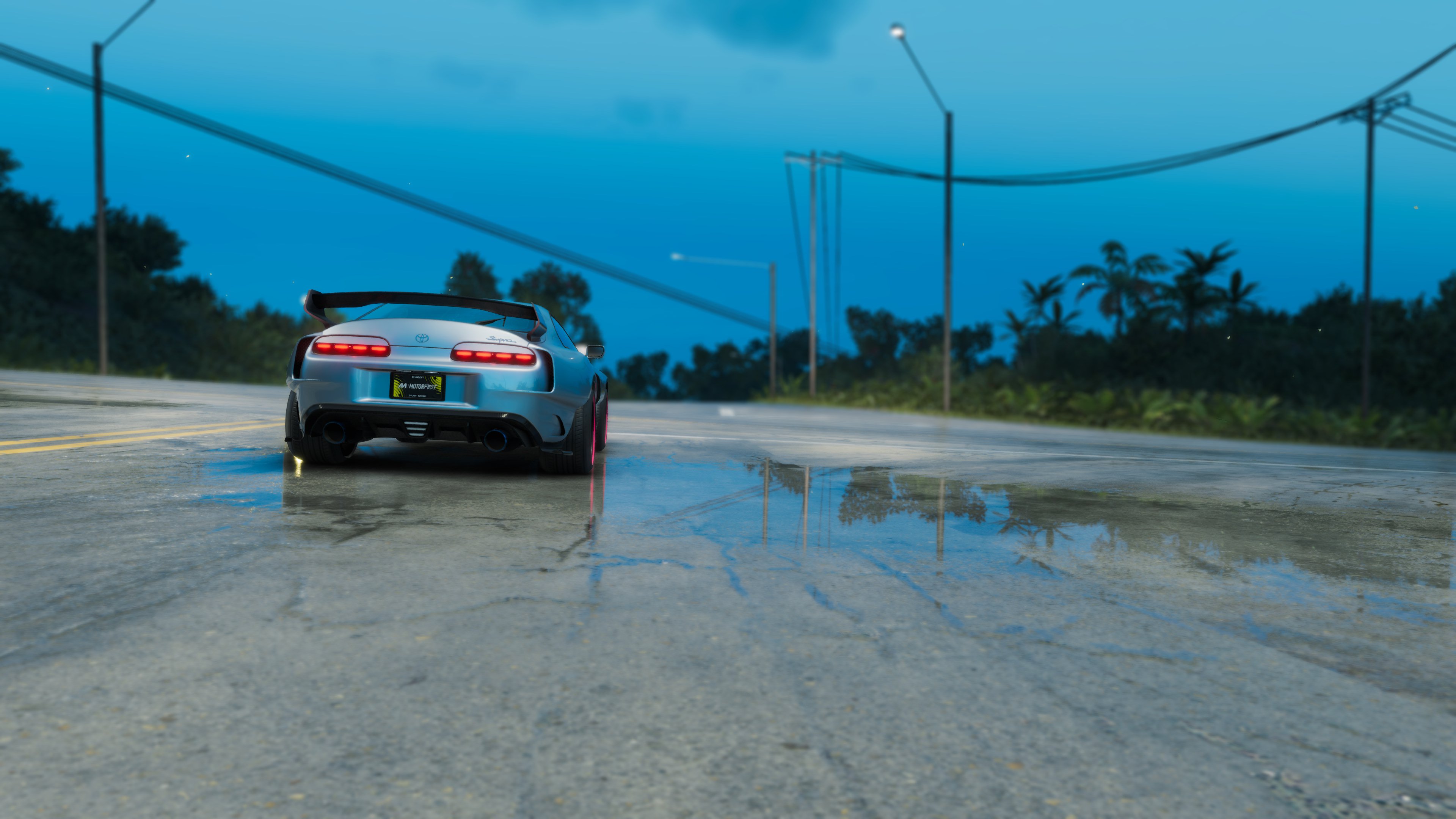 General 3840x2160 The Crew car Toyota Supra screen shot Hawaii night tuning CGI video game art vehicle rear view taillights reflection sky clouds palm trees