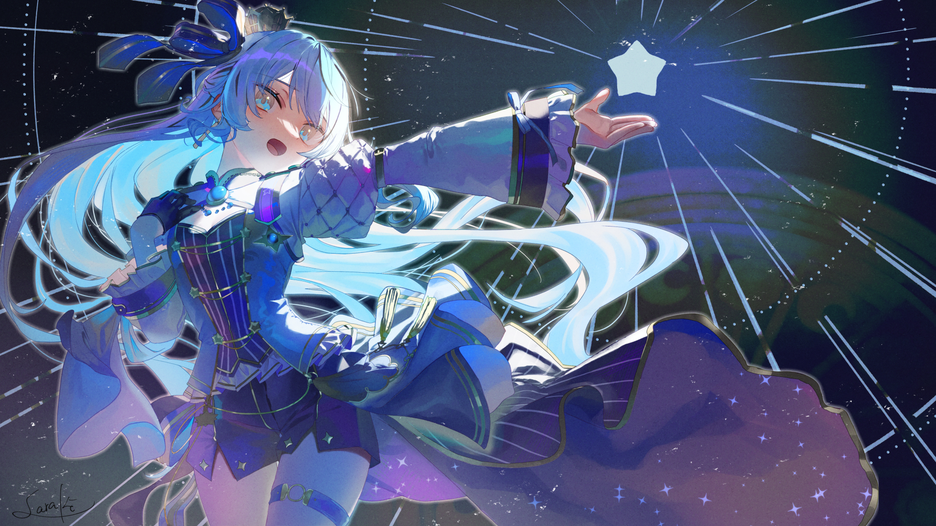 Anime 1920x1080 anime anime girls Hololive Hoshimachi Suisei blue hair Virtual Youtuber looking at viewer long hair blue eyes uniform stars open mouth crown