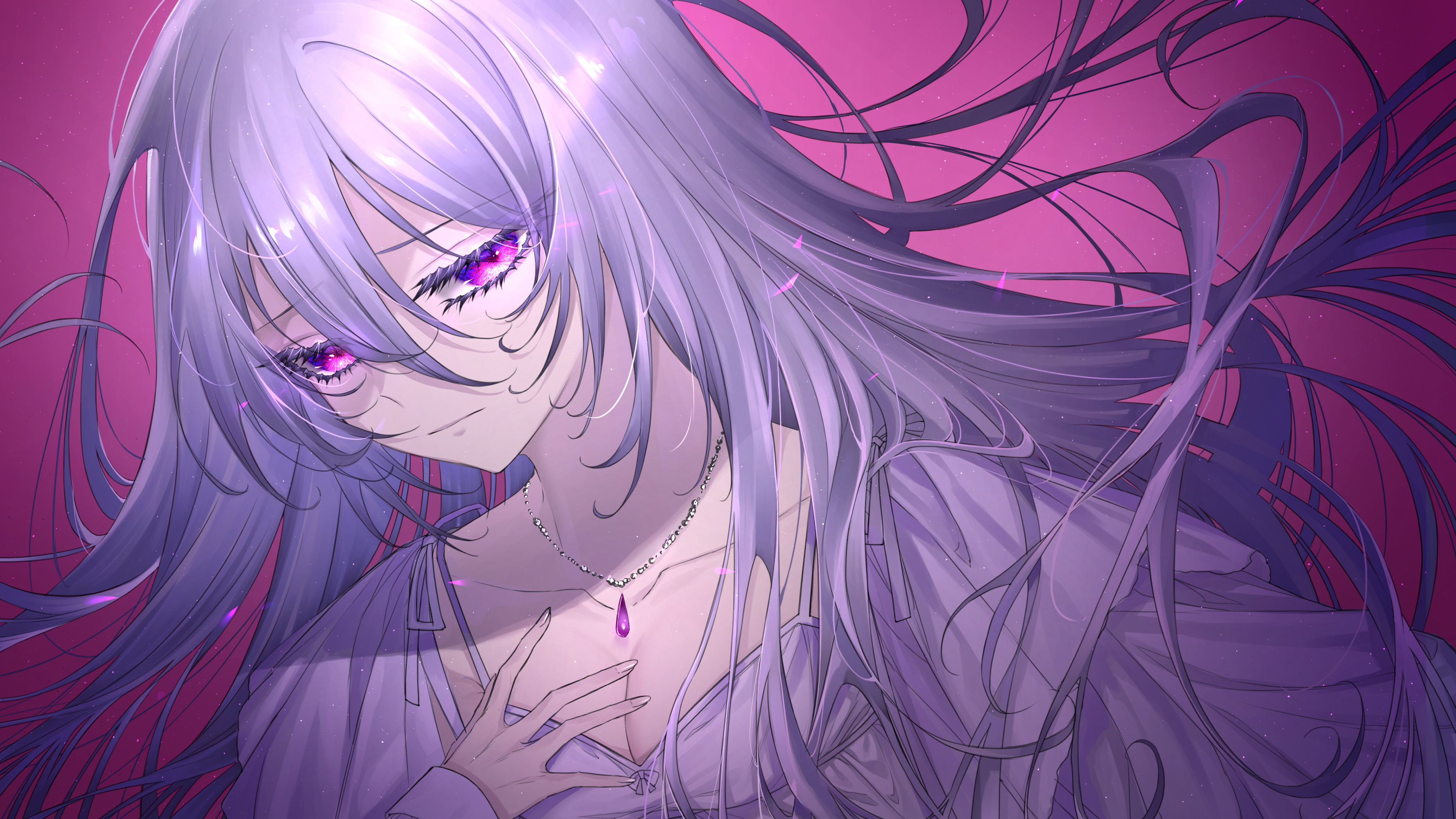 Anime 3555x2000 anime girls anime purple hair purple eyes looking at viewer necklace cleavage closed mouth dress purple background long hair