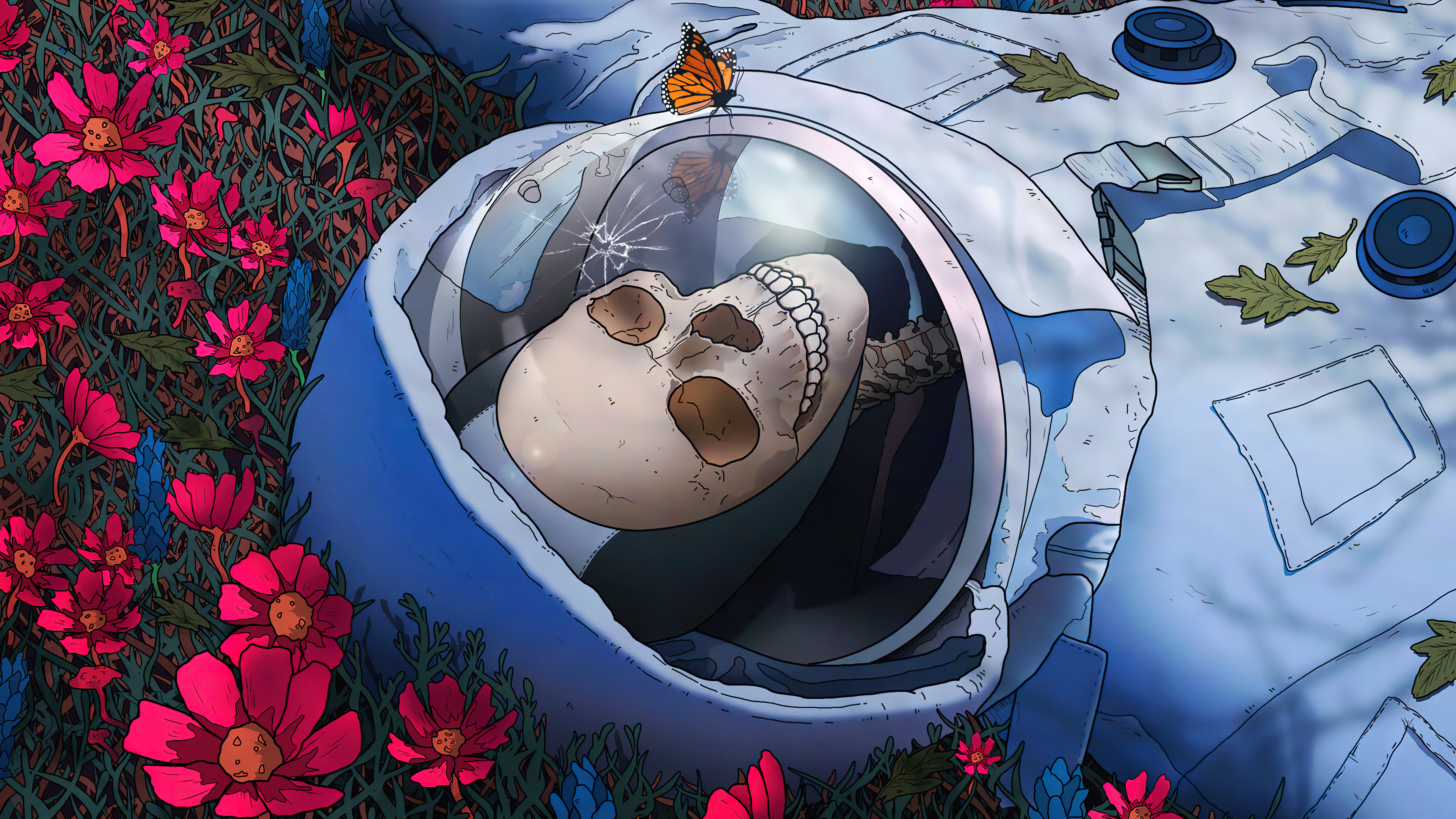 General 3840x2160 astronaut skeleton flowers butterfly lying on back skull spacesuit dead leaves digital art broken glass artwork