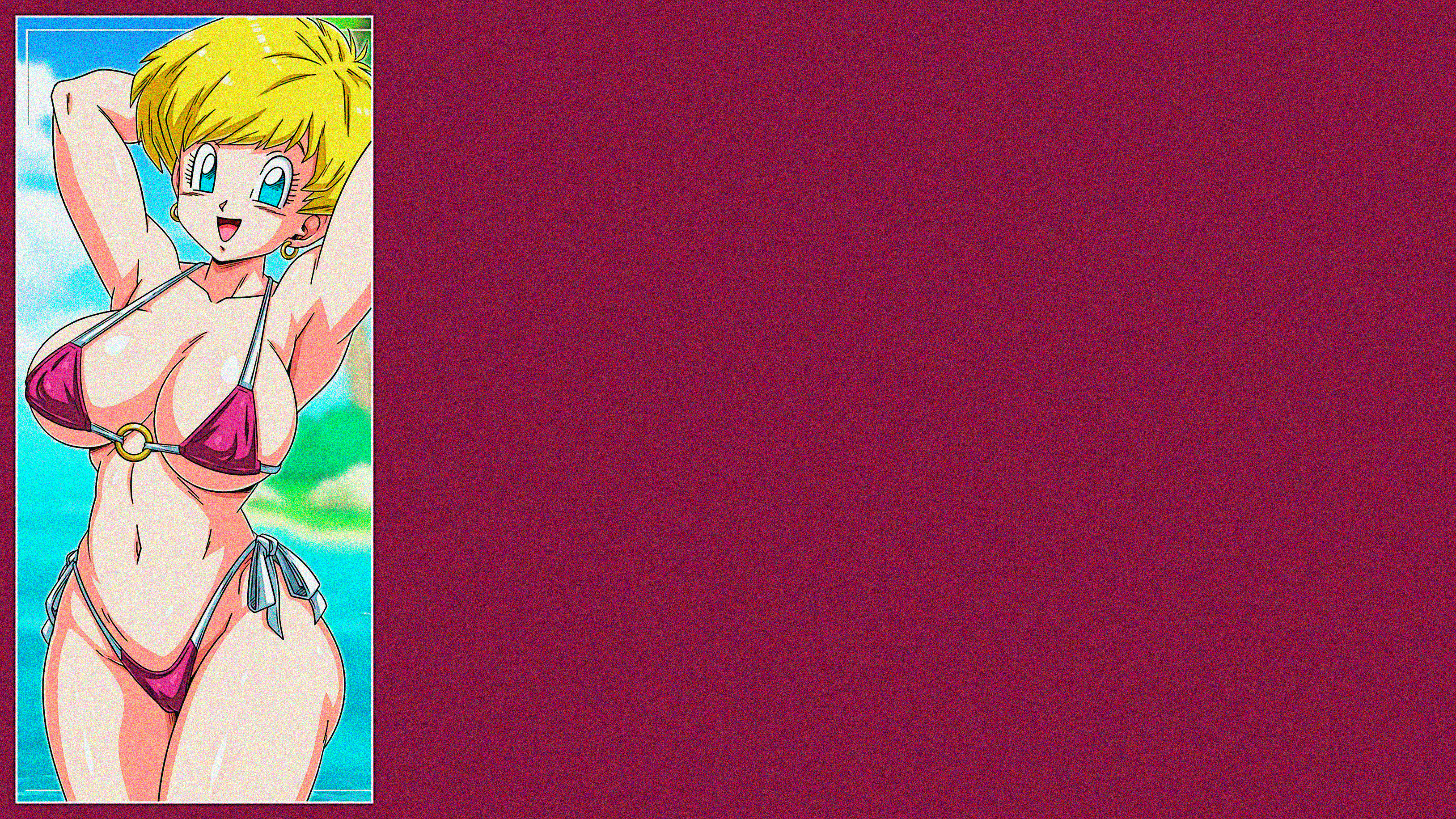 Anime 3256x1832 anime anime girls Dragon Ball Dragon Ball Z Dragon Ball Super ecchi boobs big boobs huge breasts thighs short hair blonde bikini micro bikini pink bikini earring blue eyes Erasa (Dragon Ball Z)