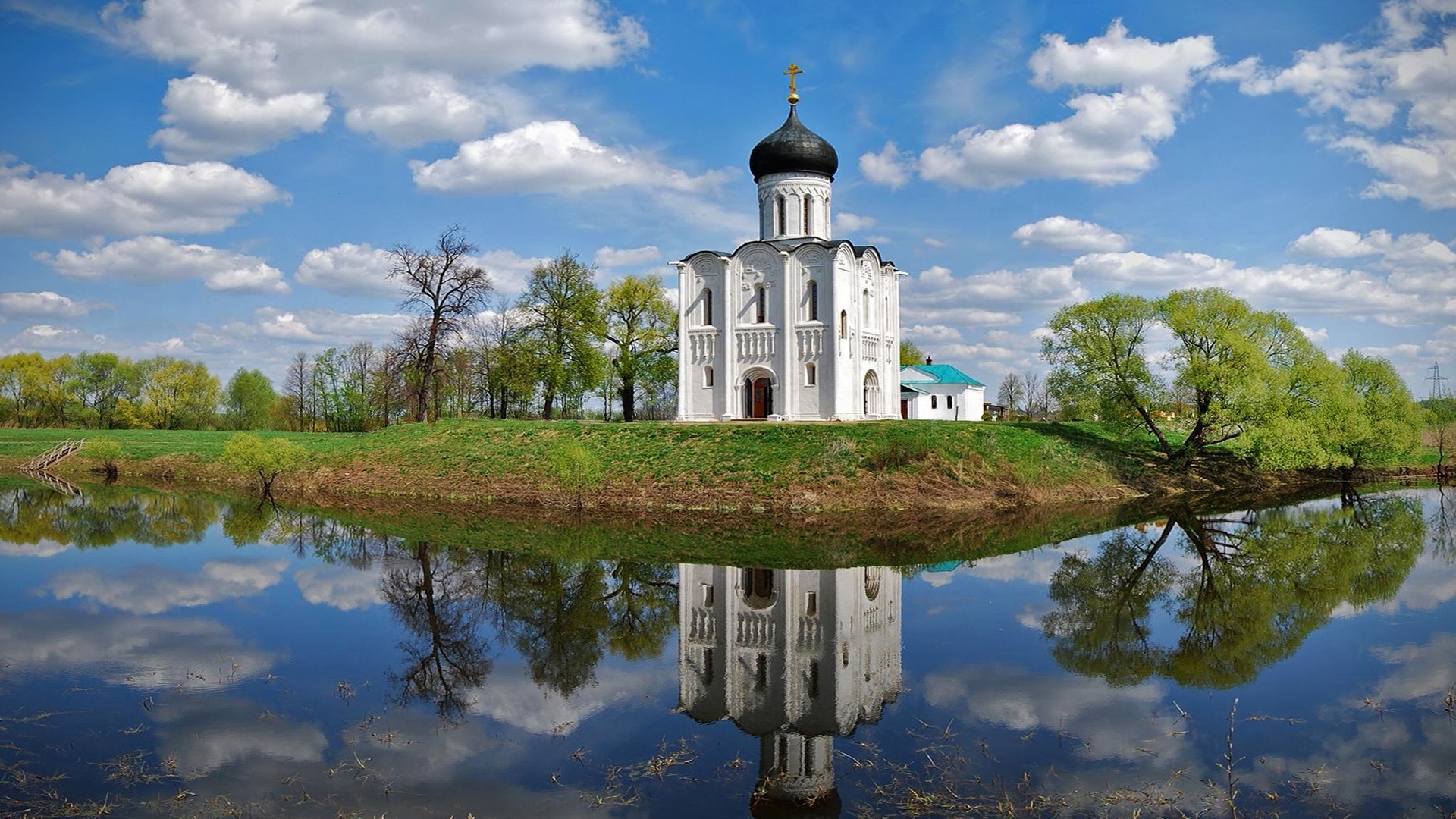 General 1920x1080 architecture chapel Russia water reflection trees clouds sky nature