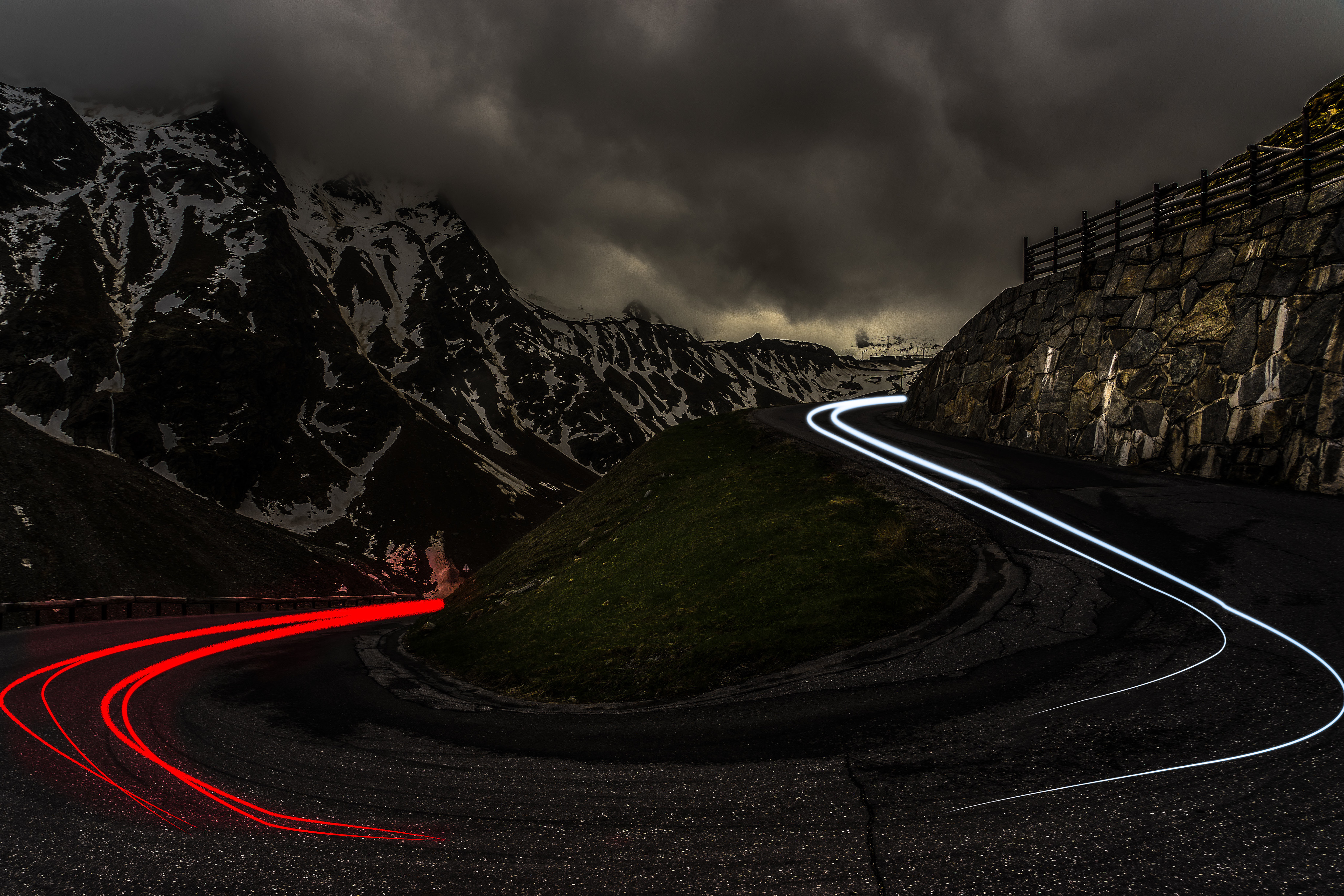 General 4096x2731 road mountain view night mountains clouds snow hairpin turns low light