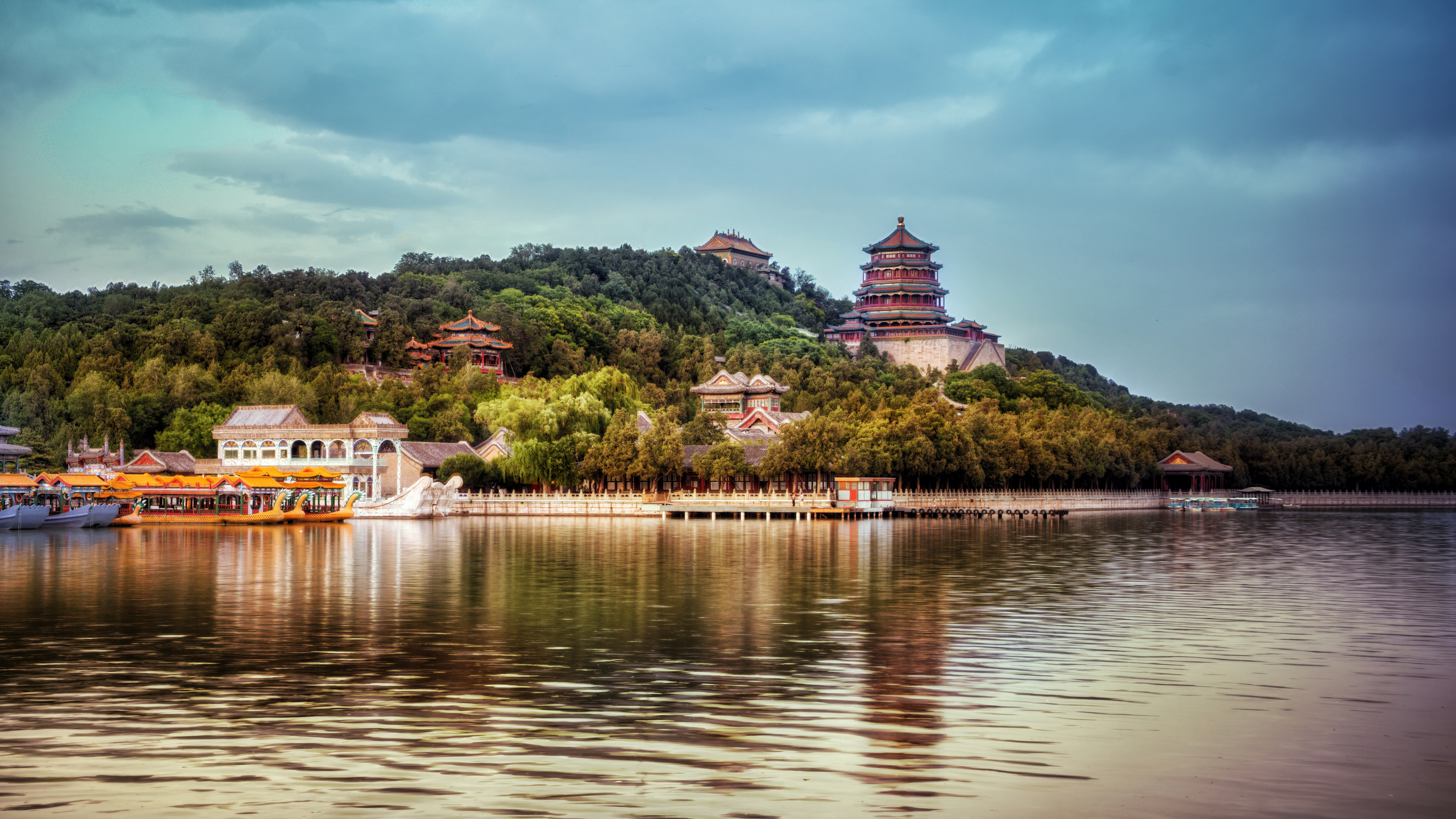 General 3840x2160 China photography Trey Ratcliff Beijing Summer Palace water trees clouds architecture