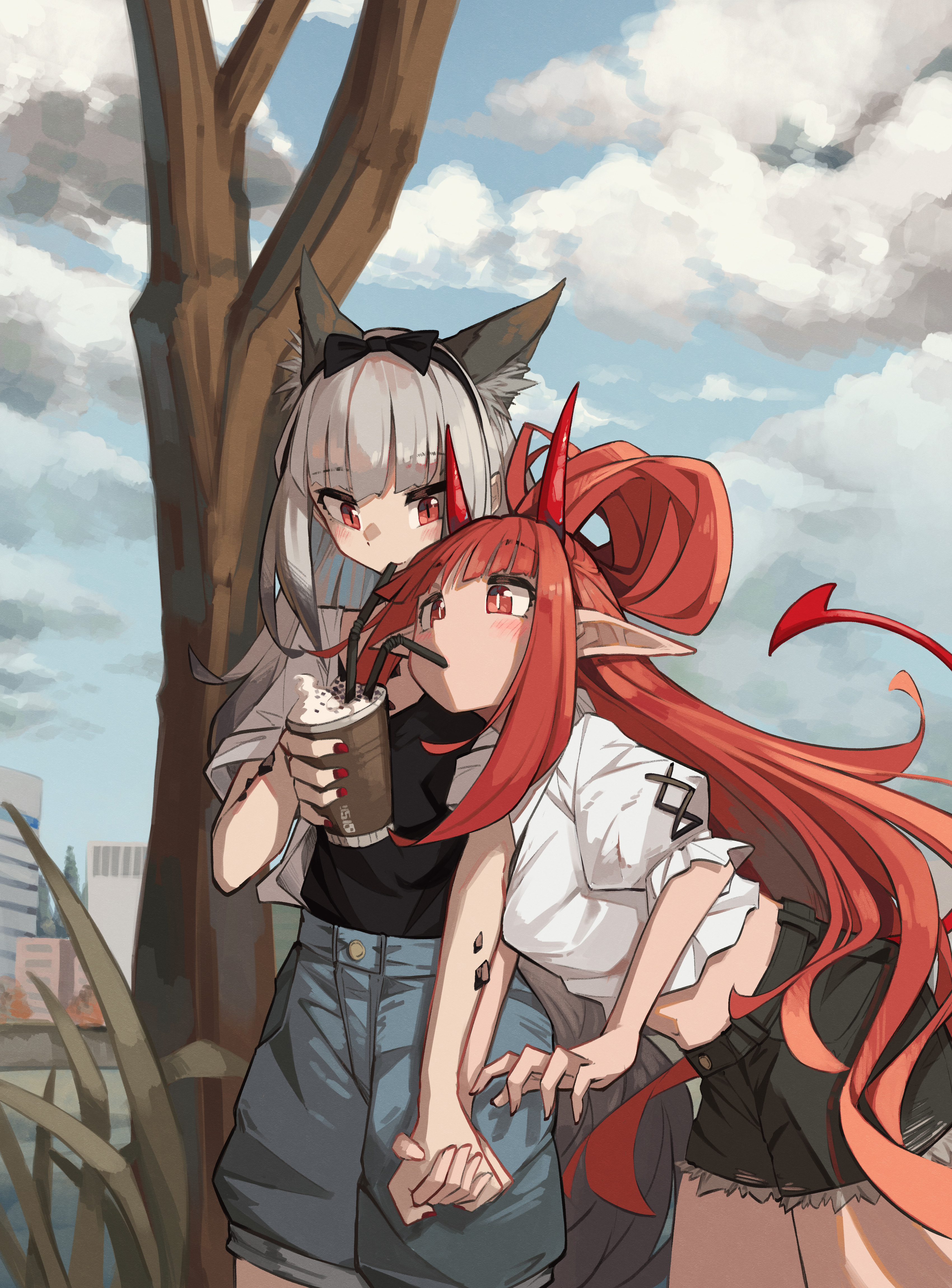 Anime 3400x4600 Arknights Vigna (Arknights) Frostleaf(Arknights) anime girls pointy ears redhead red eyes silver hair animal ears drink drinking clouds sky horns