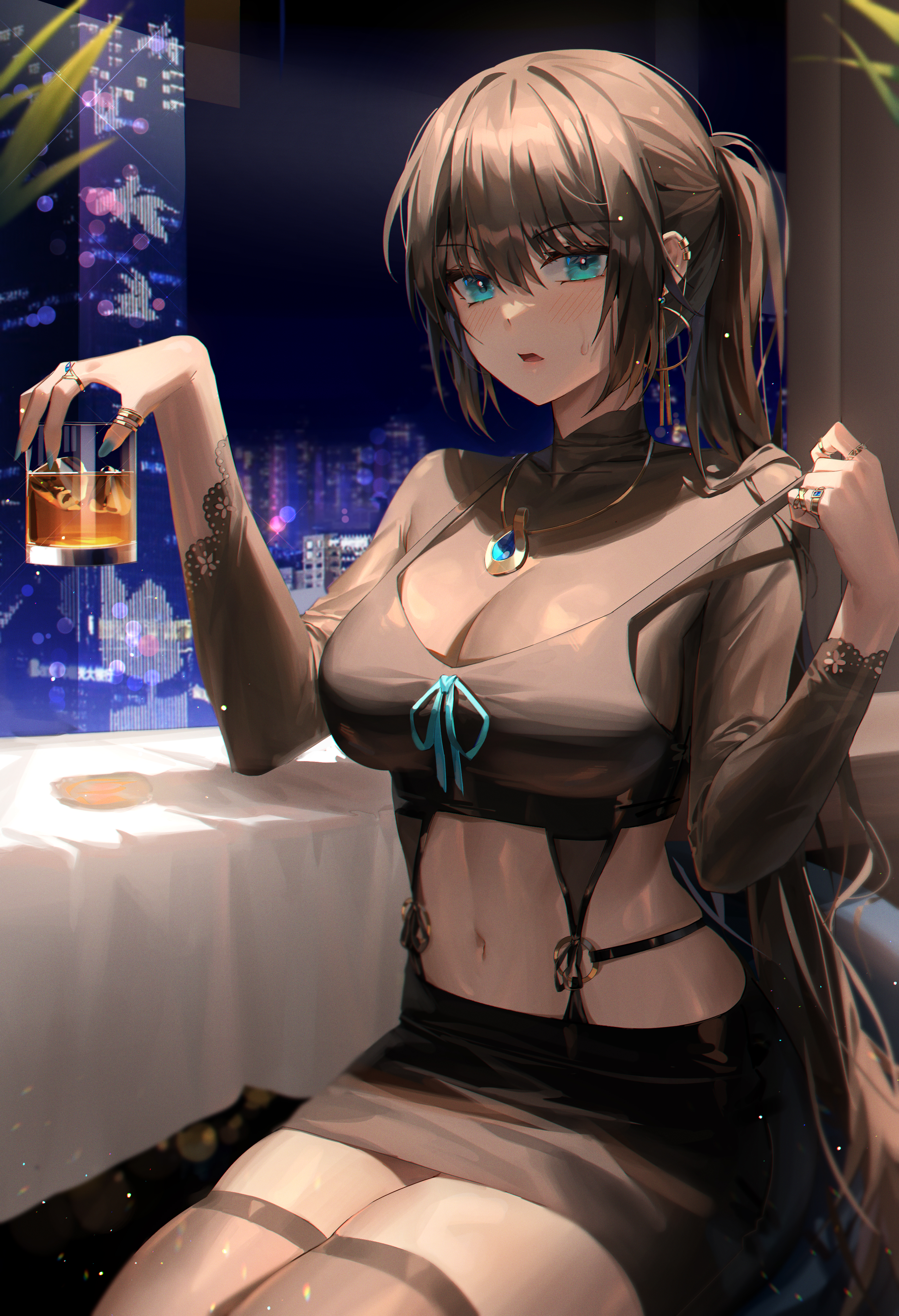 Anime 2800x4100 anime Minttchocok anime girls blue eyes cleavage big boobs belly stockings drink alcohol