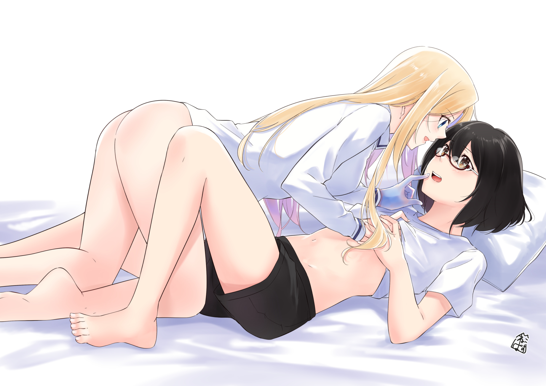 Anime 1842x1302 Otherside Picnic in bed yuri two women glasses lifting shirt lesbians anime girls ass