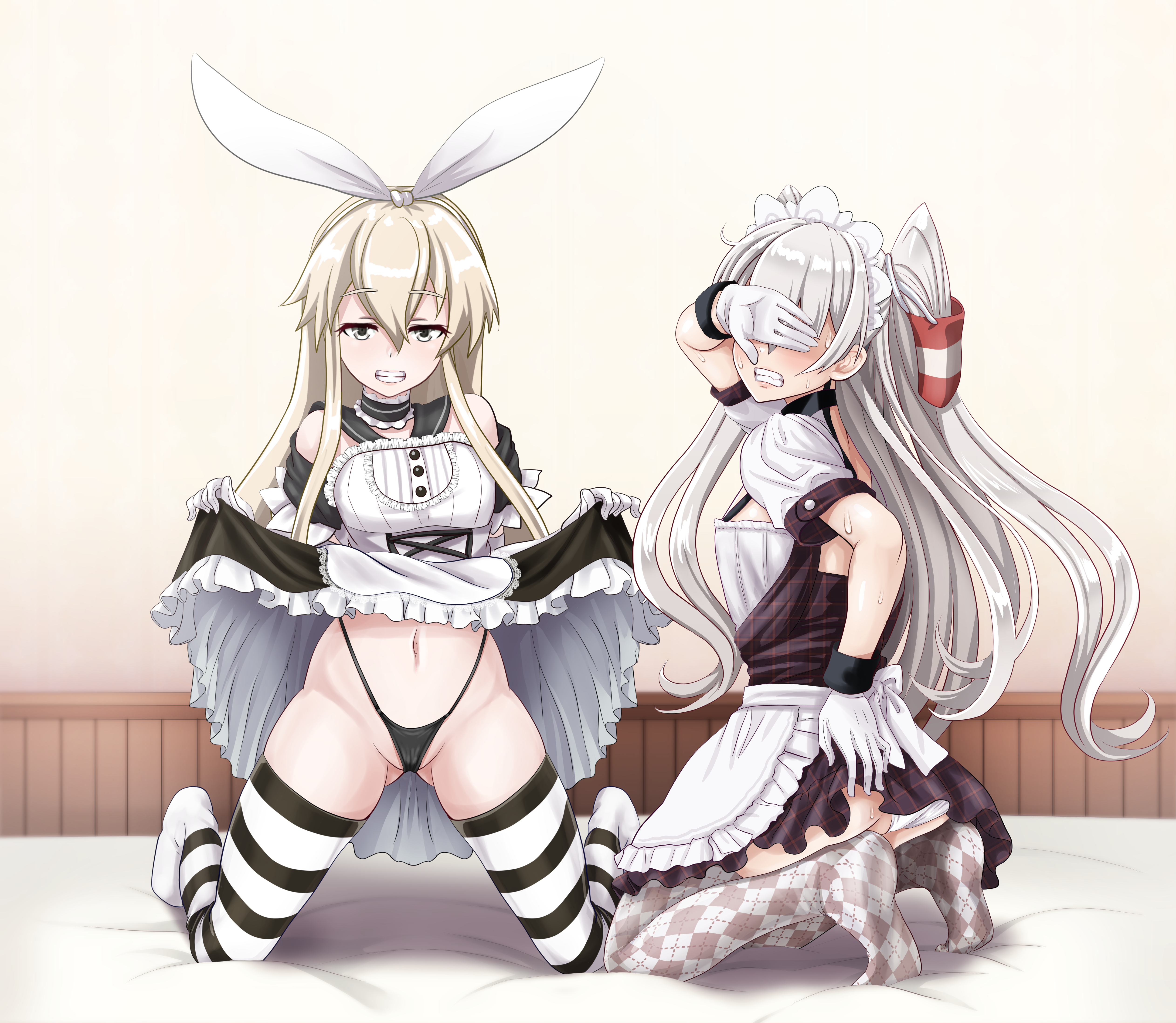 Anime 5050x4393 Shimakaze (Kancolle) Amatsukaze (Kancolle) anime girls maid outfit thong stockings covered eye(s) lifting skirt sweat Kantai Collection looking at viewer gloves hair between eyes frills butt fangs long hair kneeling bare shoulders bent legs indoors women indoors skindentation stripes