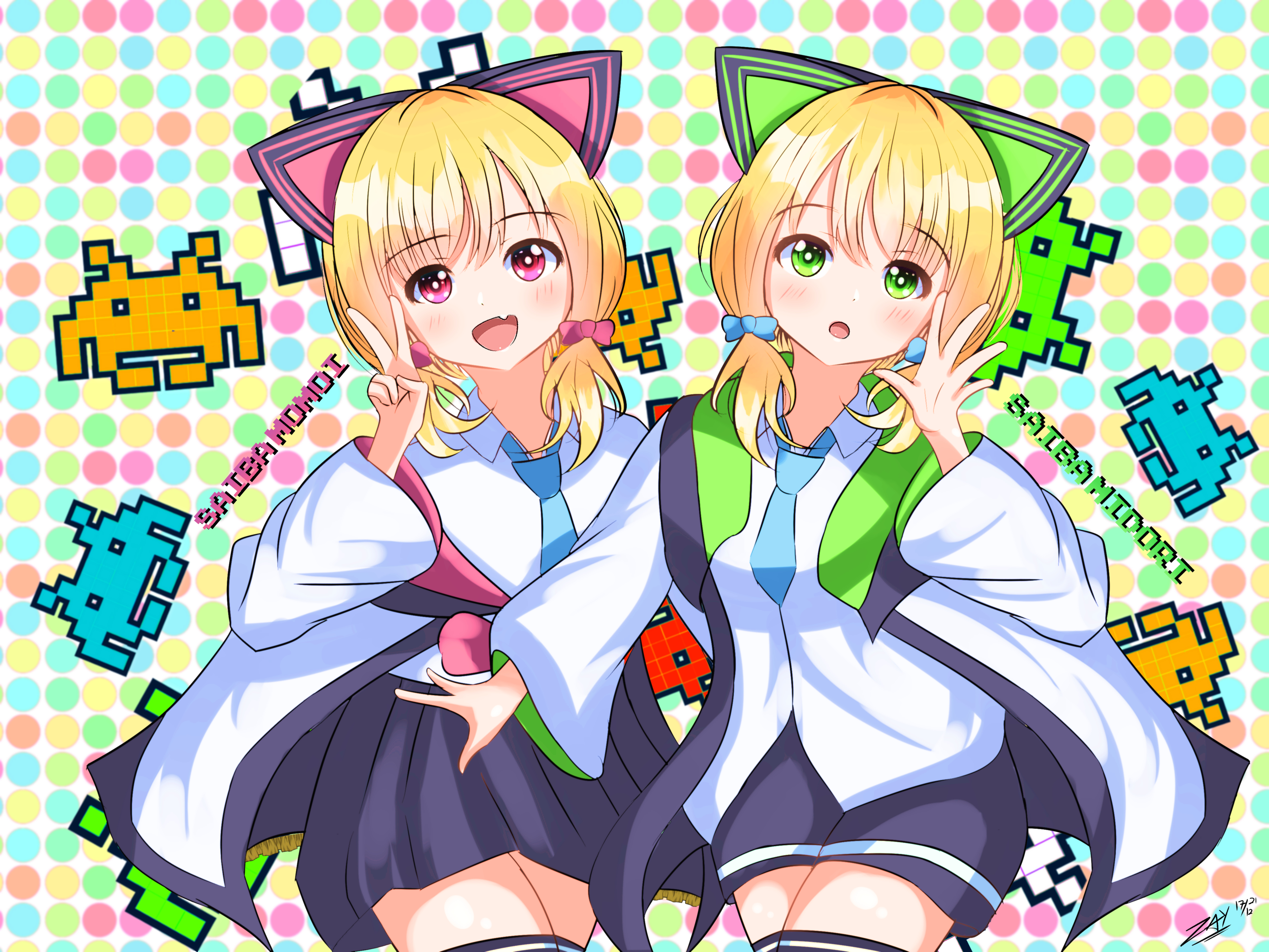 Anime 4000x3000 anime anime girls Blue Archive Saiba Midori Saiba Momoi short hair blonde cat girl cat ears twins two women artwork digital art fan art